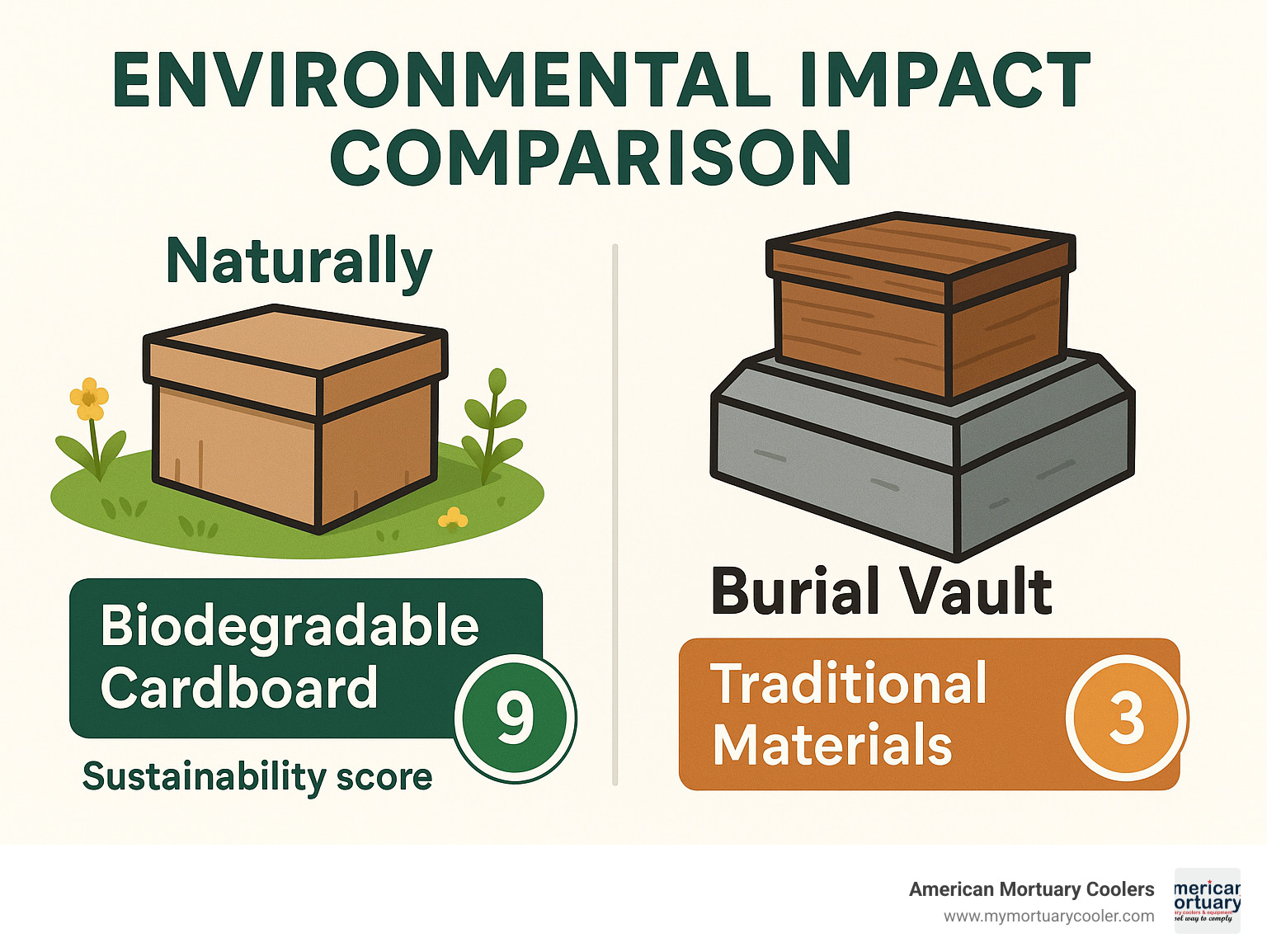 Environmental impact comparison showing biodegradable cardboard boxes decomposing naturally versus traditional materials requiring burial vaults, with sustainability scores for different materials - boxes for cremains infographic 