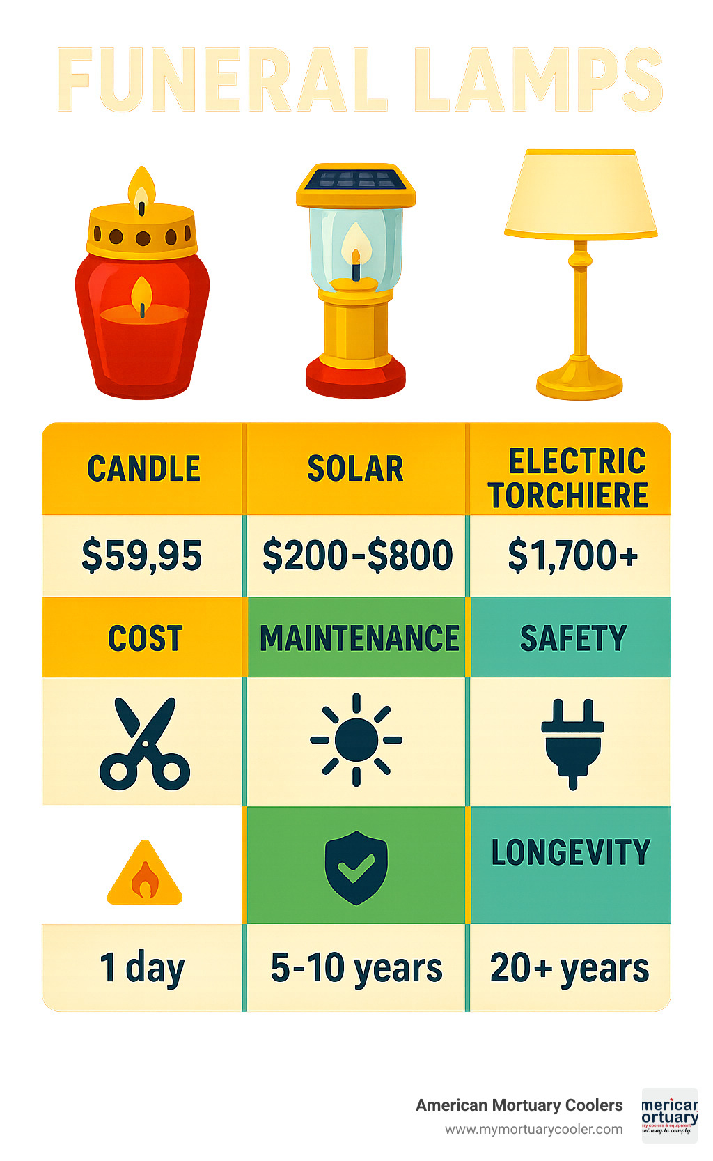 Comparison infographic showing cost, maintenance, safety, and longevity factors for candles vs solar vs electric torchieres with specific pricing and lifespan data - funeral lamps infographic 
