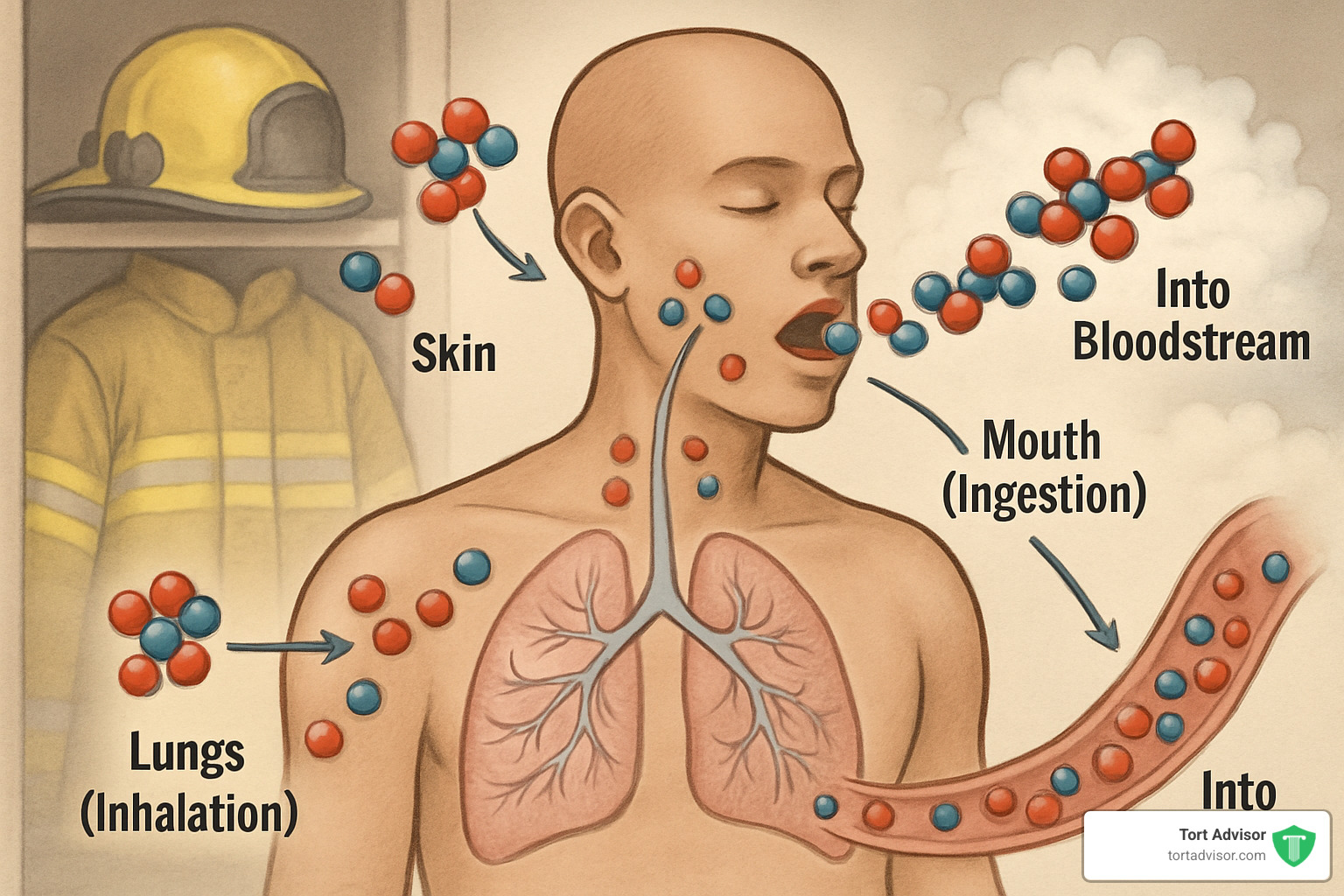PFAS molecules entering bloodstream through various exposure routes - firefighting foam cancer lawsuit
