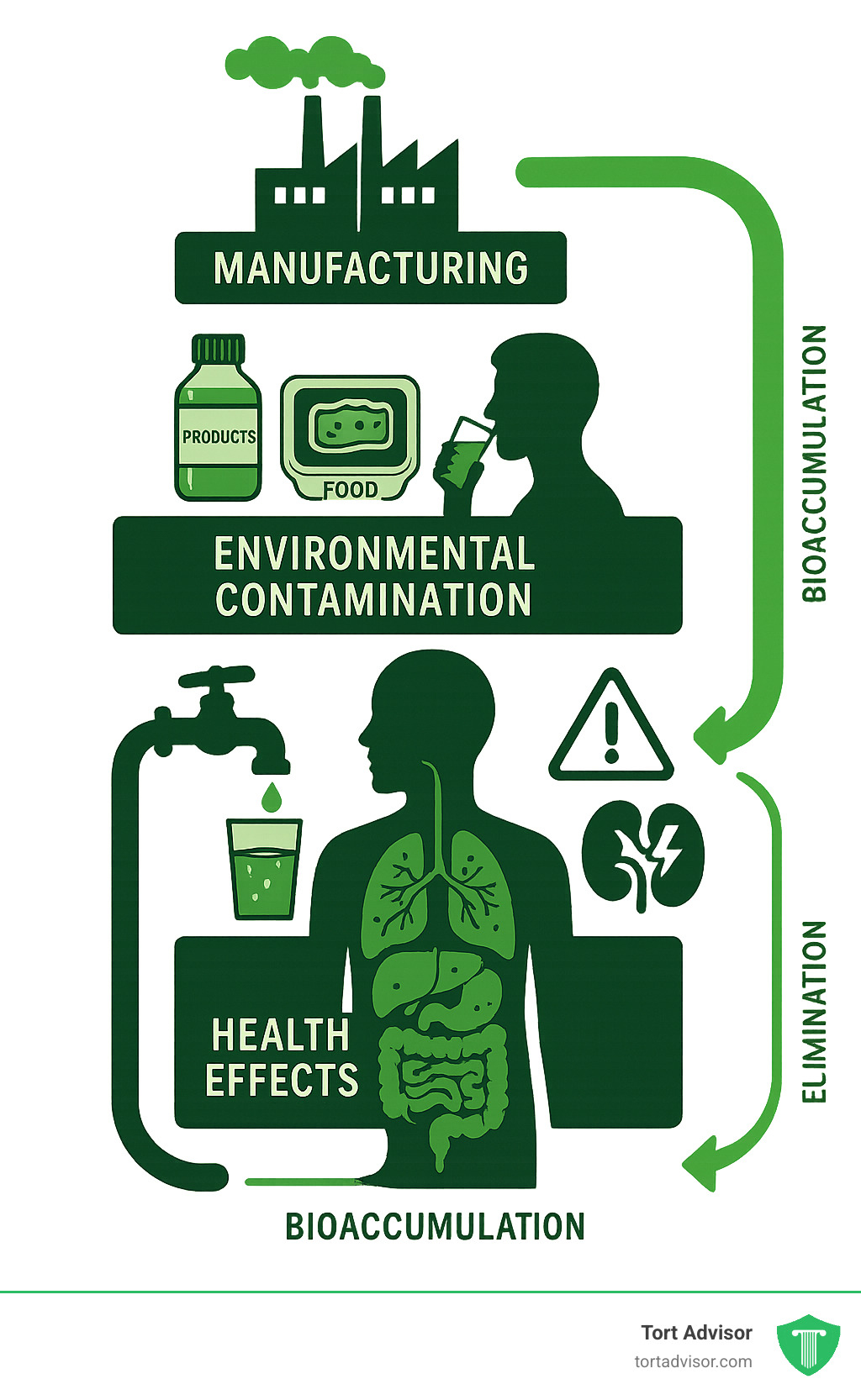 Detailed infographic showing PFAS lifecycle from manufacturing through environmental contamination to human exposure and health effects, including bioaccumulation in organs and elimination pathways - pfas exposure symptoms infographic 