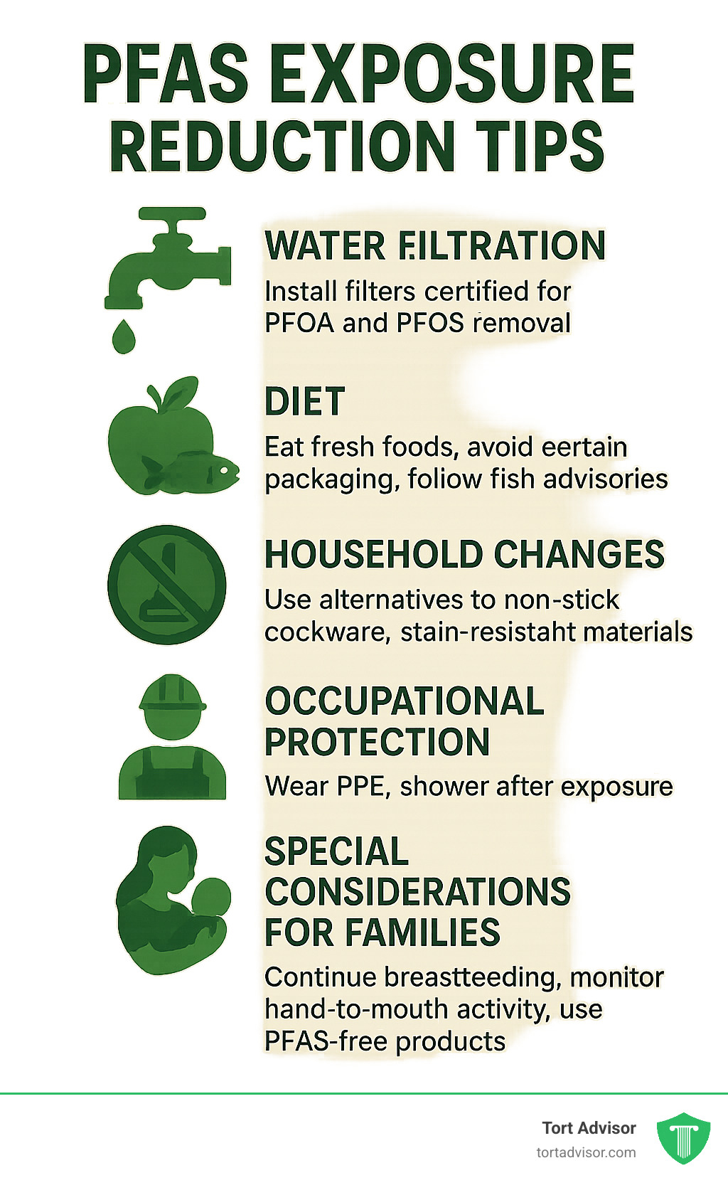 Comprehensive infographic showing practical PFAS exposure reduction tips for home, work, and daily life - pfas exposure symptoms infographic 