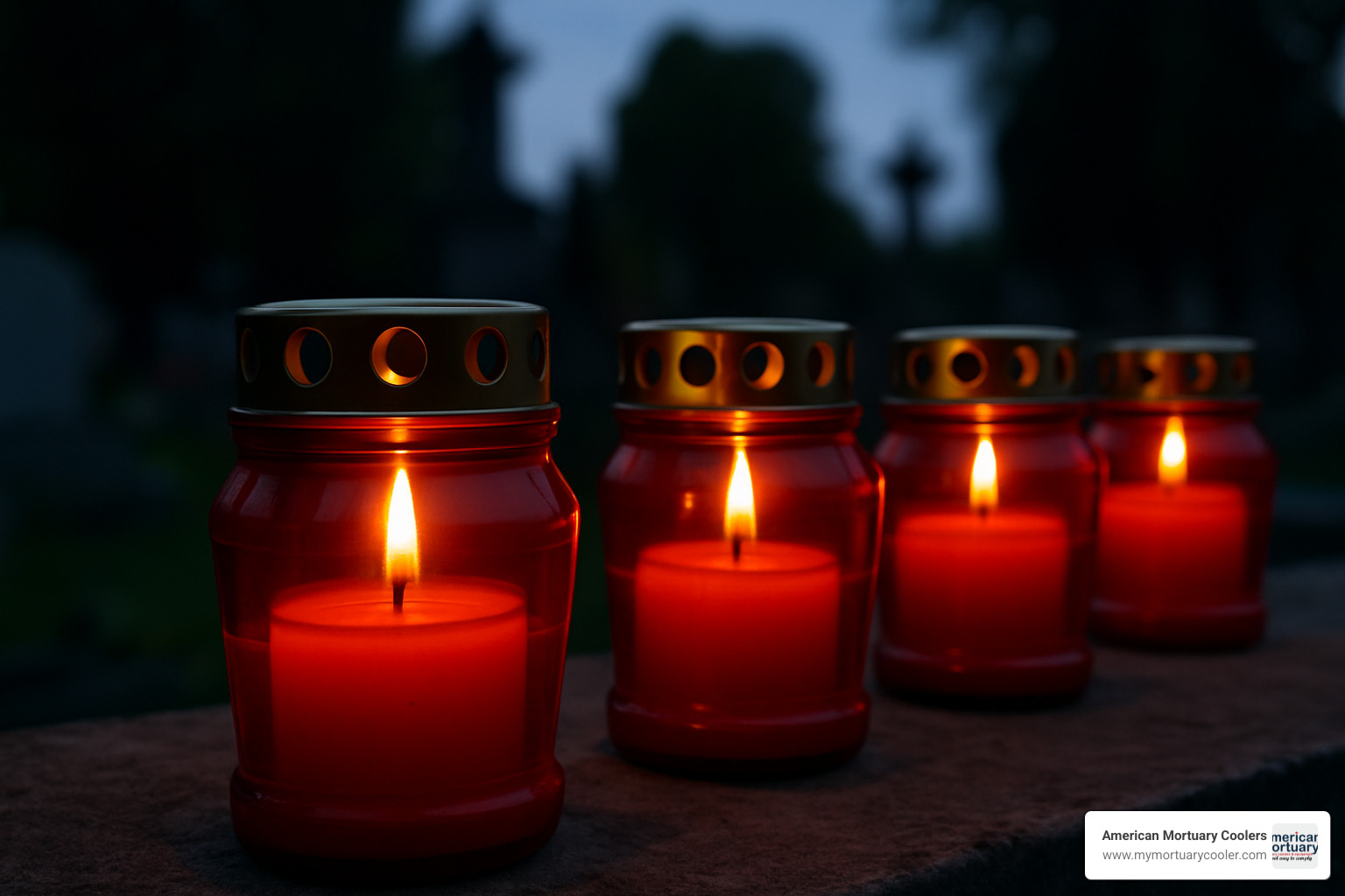 Various styles of funeral lamps including chapel torchieres, grave lanterns, memorial candles, and solar cemetery lights arranged to show size and design differences - funeral lamps