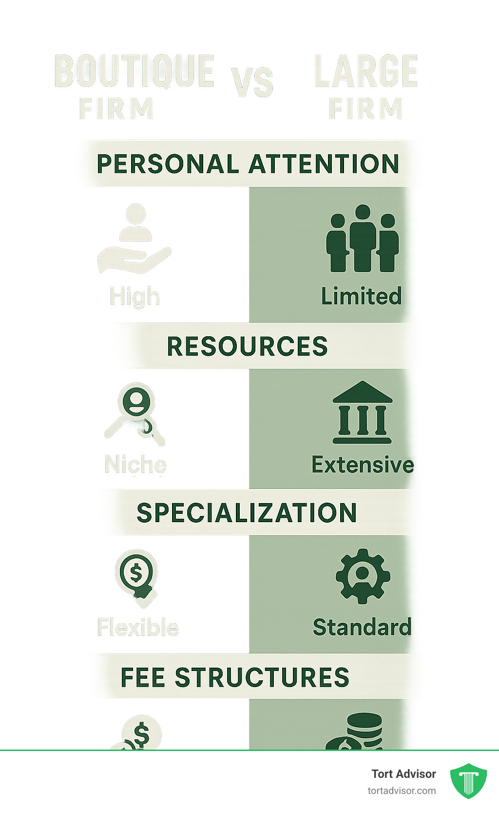 Comparison chart showing boutique vs large firm characteristics including personal attention, resources, specialization, and fee structures - trusted personal injury attorneys infographic 