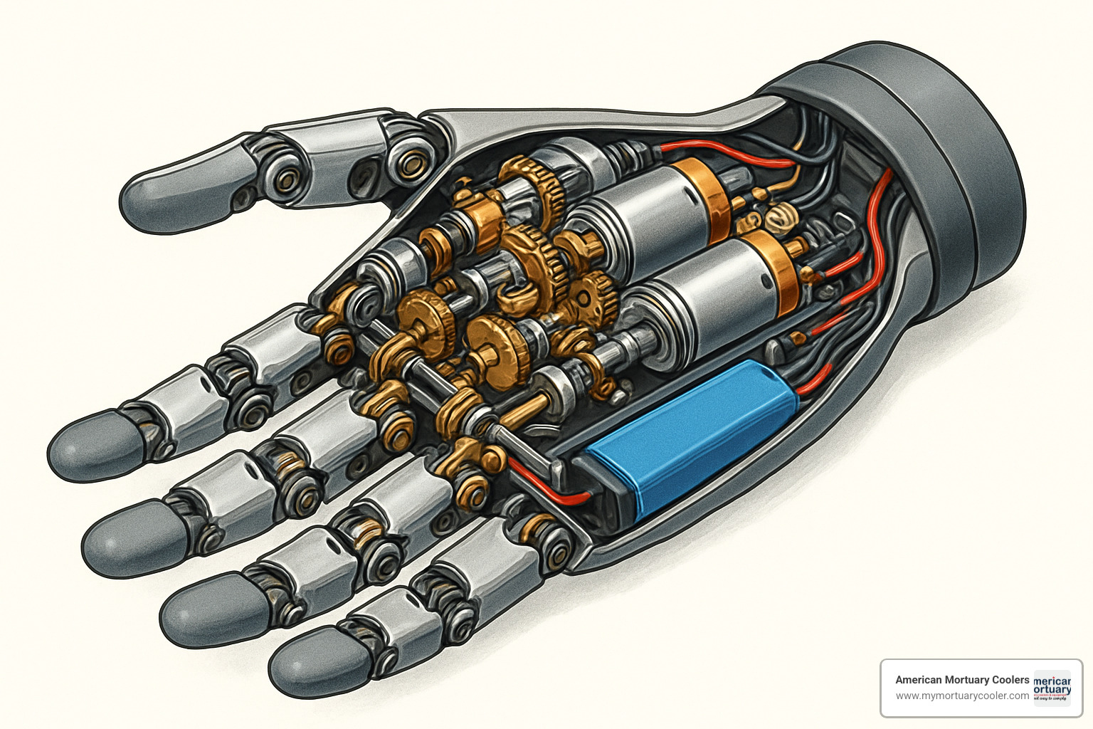 cutaway view of motorized mechanisms in powered hand devices - powered hand