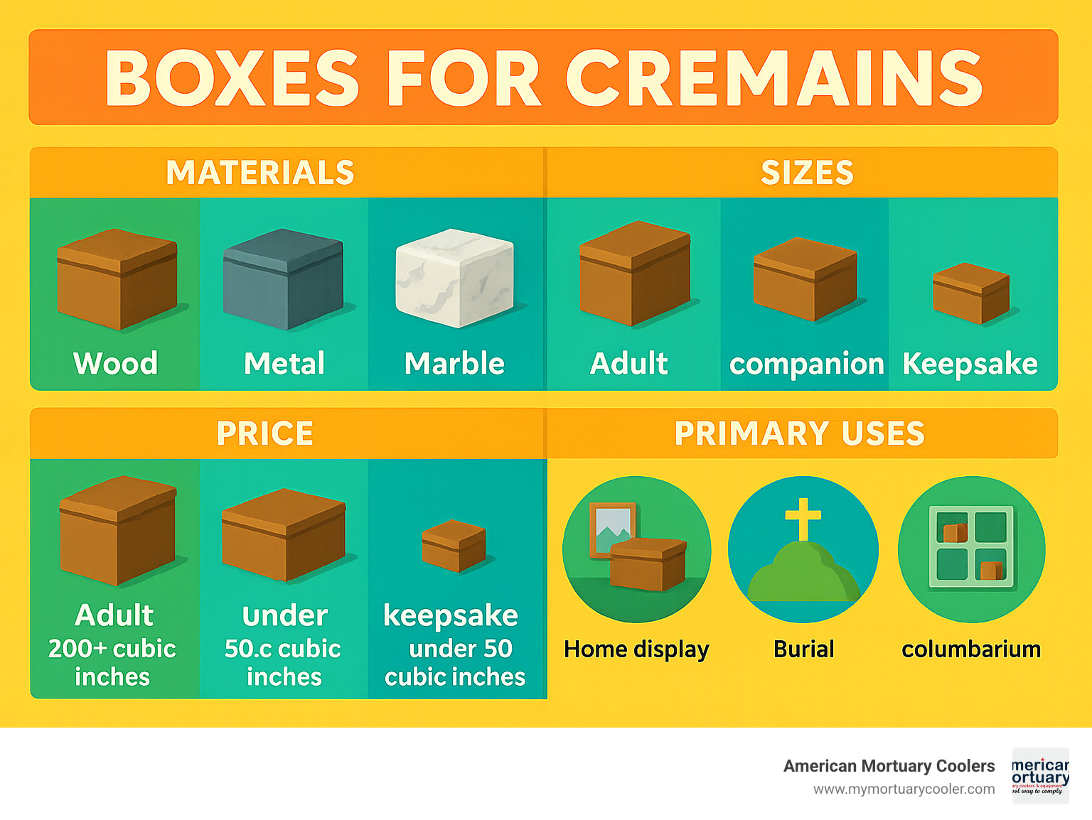 Comprehensive comparison chart showing different types of boxes for cremains including materials (wood, metal, marble, biodegradable), sizes (adult 200+ cubic inches, companion 400+ cubic inches, keepsake under 50 cubic inches), price ranges ($59-$400+), and primary uses (home display, burial, columbarium, transport) - boxes for cremains infographic 