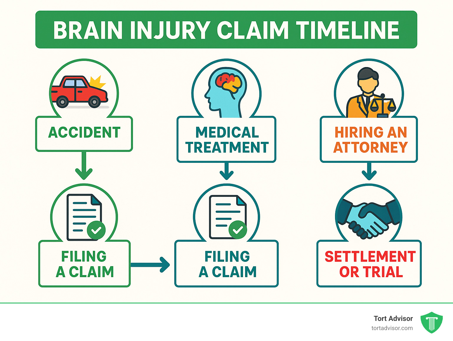 Infographic showing brain injury claim timeline from accident through settlement or trial - brain injury attorneys near me infographic 