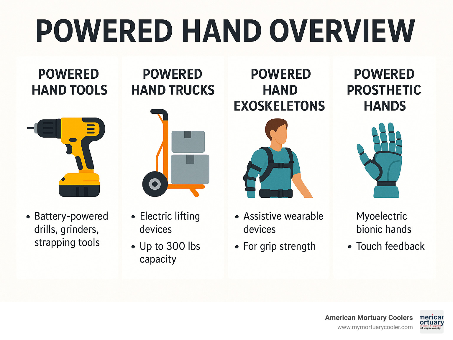Comprehensive infographic showing the powered hand ecosystem from industrial tools to prosthetic devices, including battery-powered hand tools, electric hand trucks, assistive exoskeletons, and myoelectric prosthetics with their respective applications and key specifications - powered hand infographic 