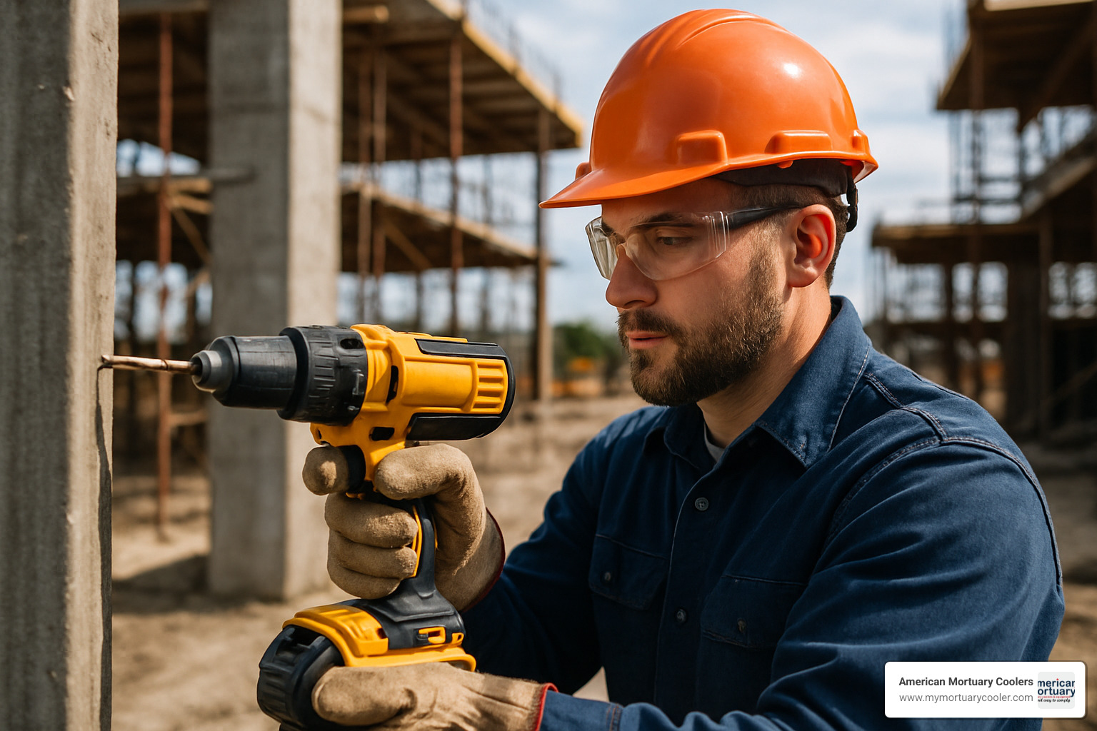 worker wearing PPE while using powered drill - powered hand