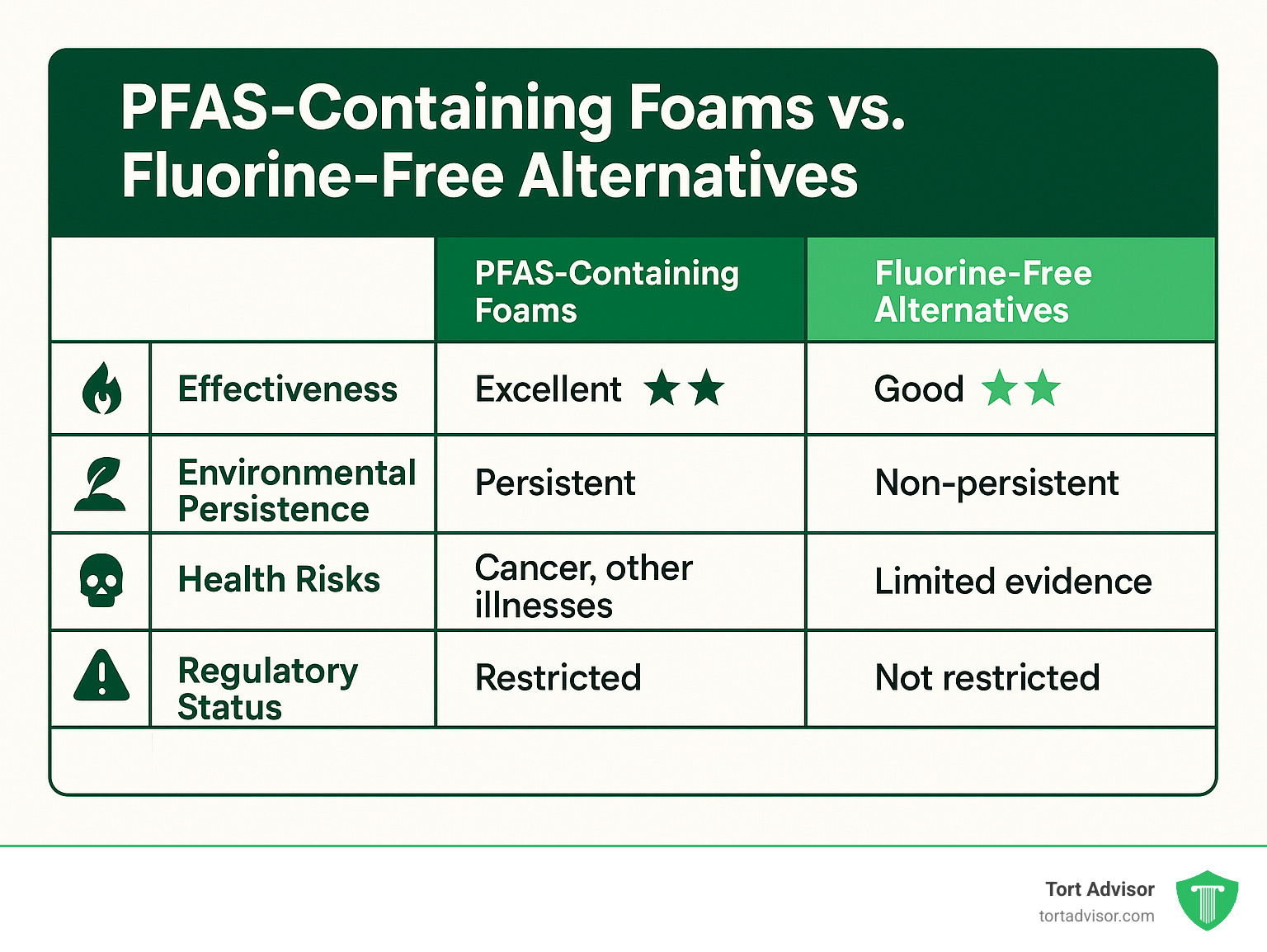 Comparison table showing PFAS-containing foams versus fluorine-free alternatives, including effectiveness ratings, environmental persistence, health risks, and regulatory status - firefighting foam cancer lawsuit infographic 
