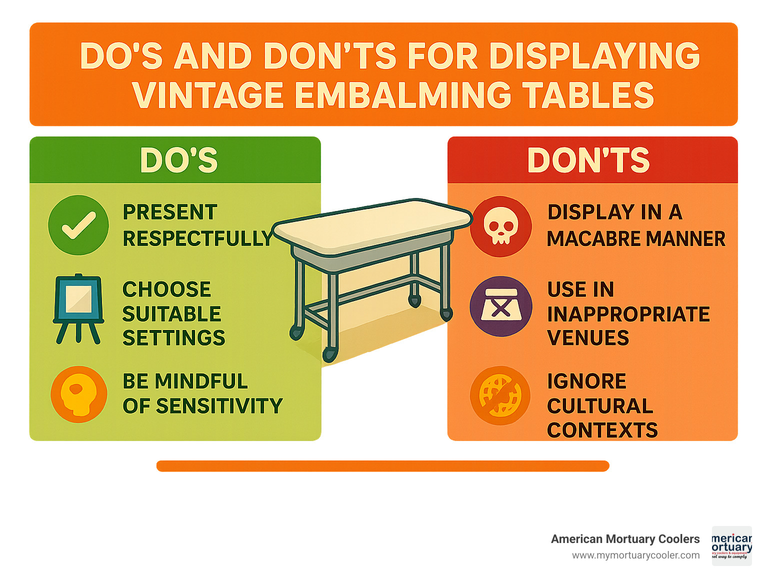 Infographic showing do's and don'ts for displaying vintage embalming tables, including respectful presentation guidelines, appropriate contexts, and sensitivity considerations - vintage embalming table infographic 