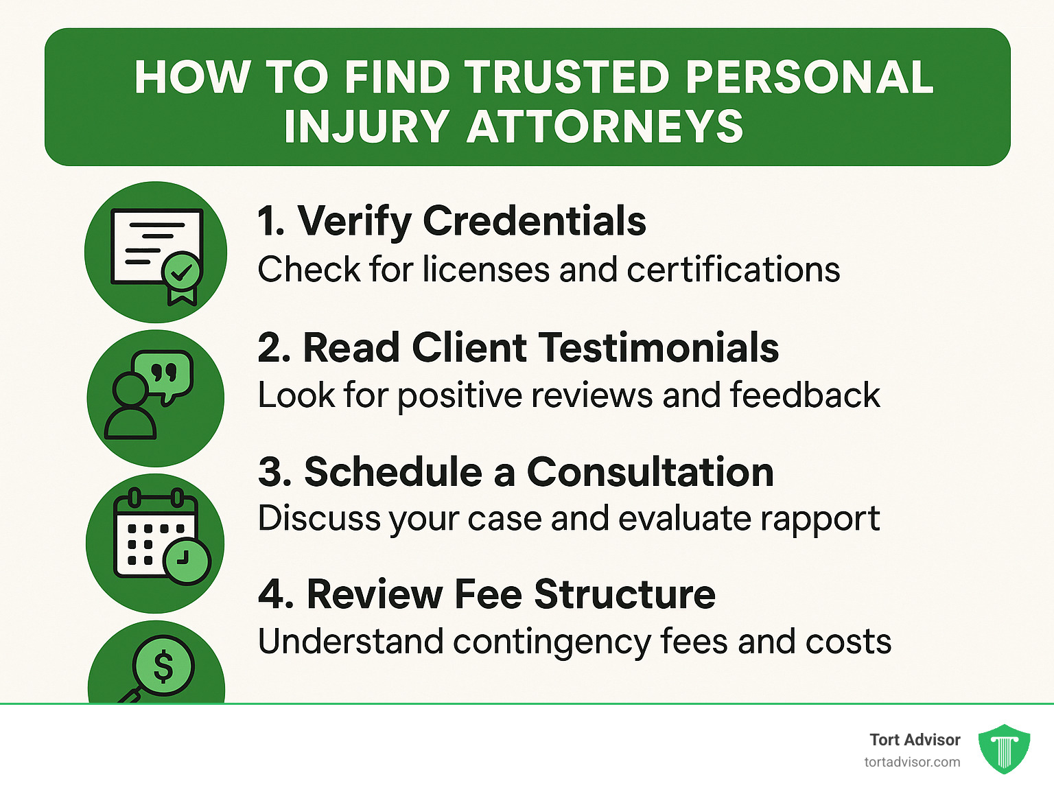 Step-by-step guide showing how to identify and vet trusted personal injury attorneys through credentials verification, client testimonials review, consultation process, and fee structure analysis - trusted personal injury attorneys infographic 
