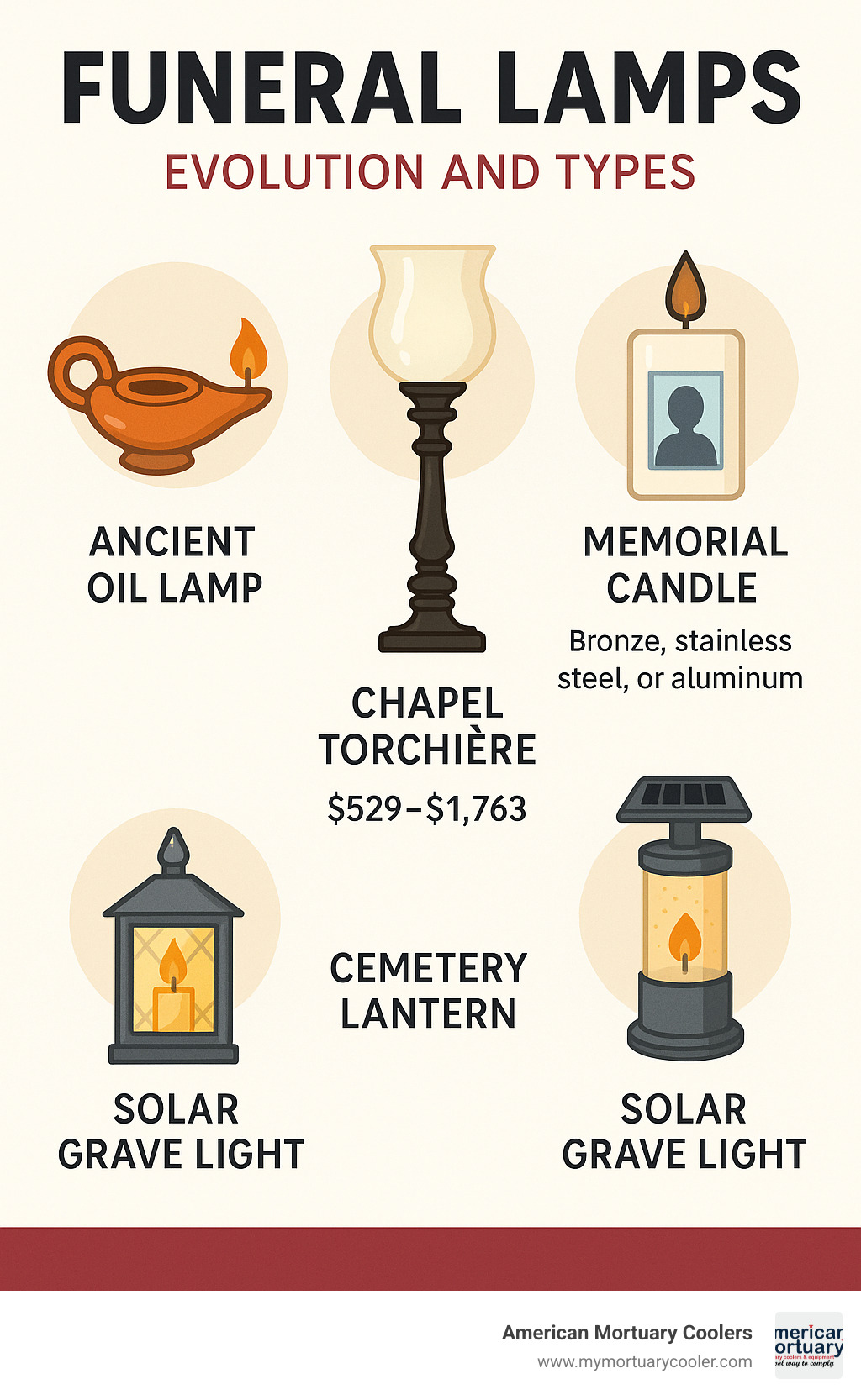 Comprehensive guide showing the evolution of funeral lamps from ancient oil lamps to modern solar-powered grave lights, including chapel torchieres, memorial candles, and weatherproof cemetery lanterns with pricing ranges and material options - funeral lamps infographic 