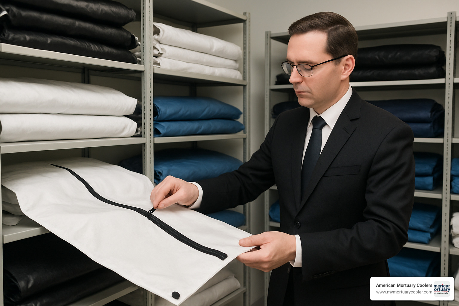 Professional funeral director examining different bag body options in a well-organized mortuary supply room, demonstrating proper selection criteria and quality assessment techniques - bag body