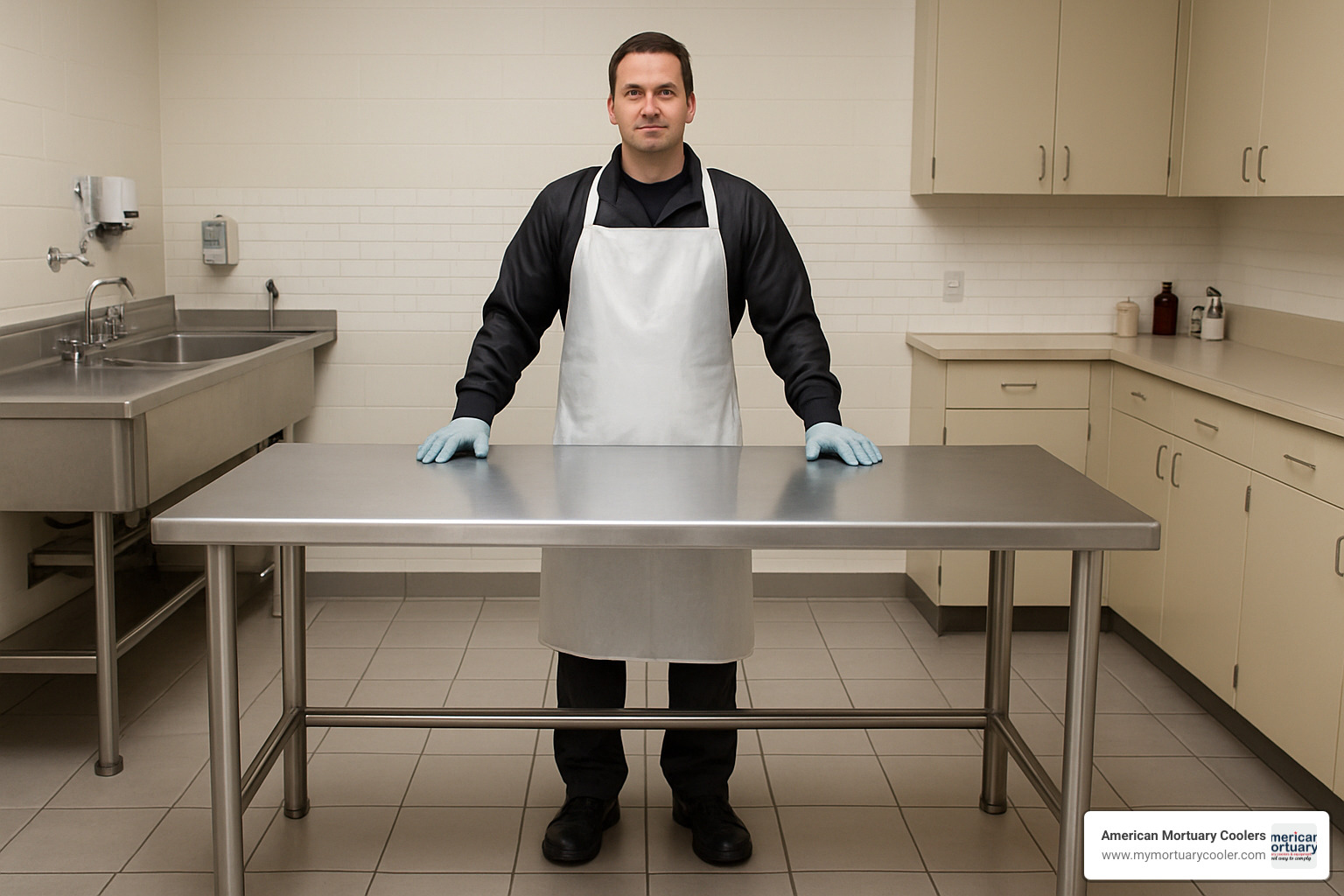 Worker demonstrating proper stance at stainless steel prep table with adequate foot clearance - stainless steel prep table foot room