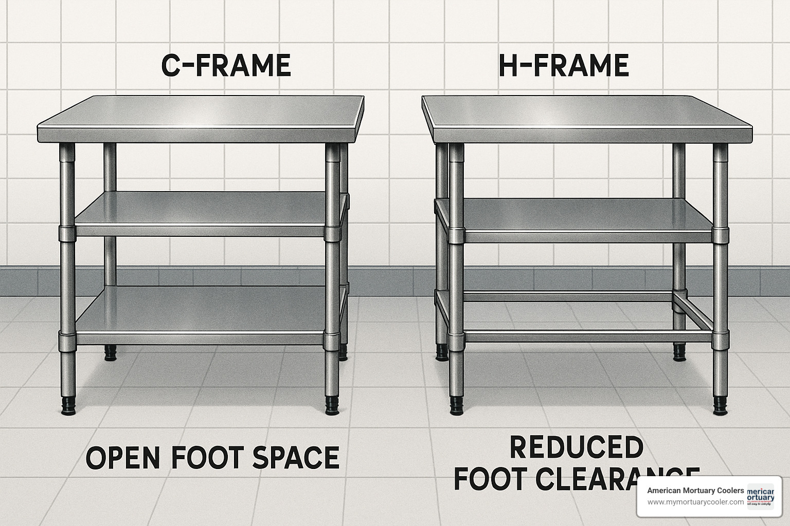 Comparison image showing C-frame versus H-frame prep table designs and their impact on foot clearance - stainless steel prep table foot room