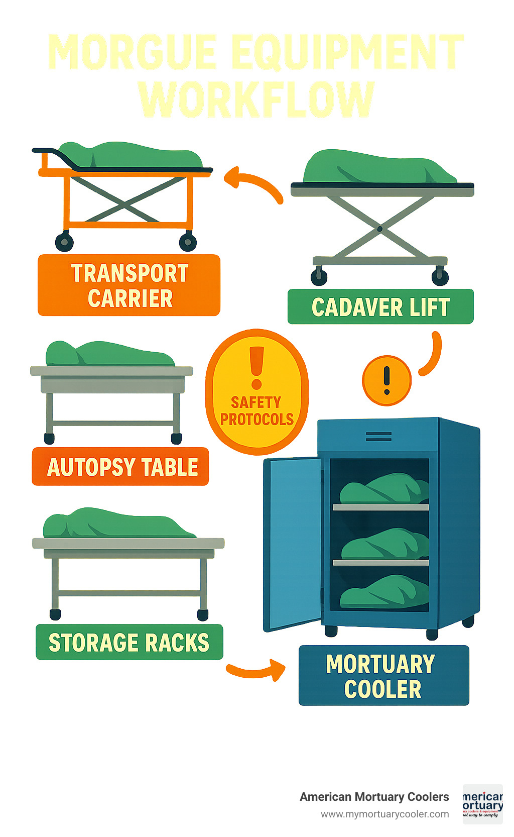 Comprehensive morgue equipment workflow infographic showing the complete body-handling cycle from transport carriers and cadaver lifts through autopsy tables, storage racks, and mortuary coolers, with arrows indicating proper workflow sequence and safety protocols - morgue equipment suppliers infographic 