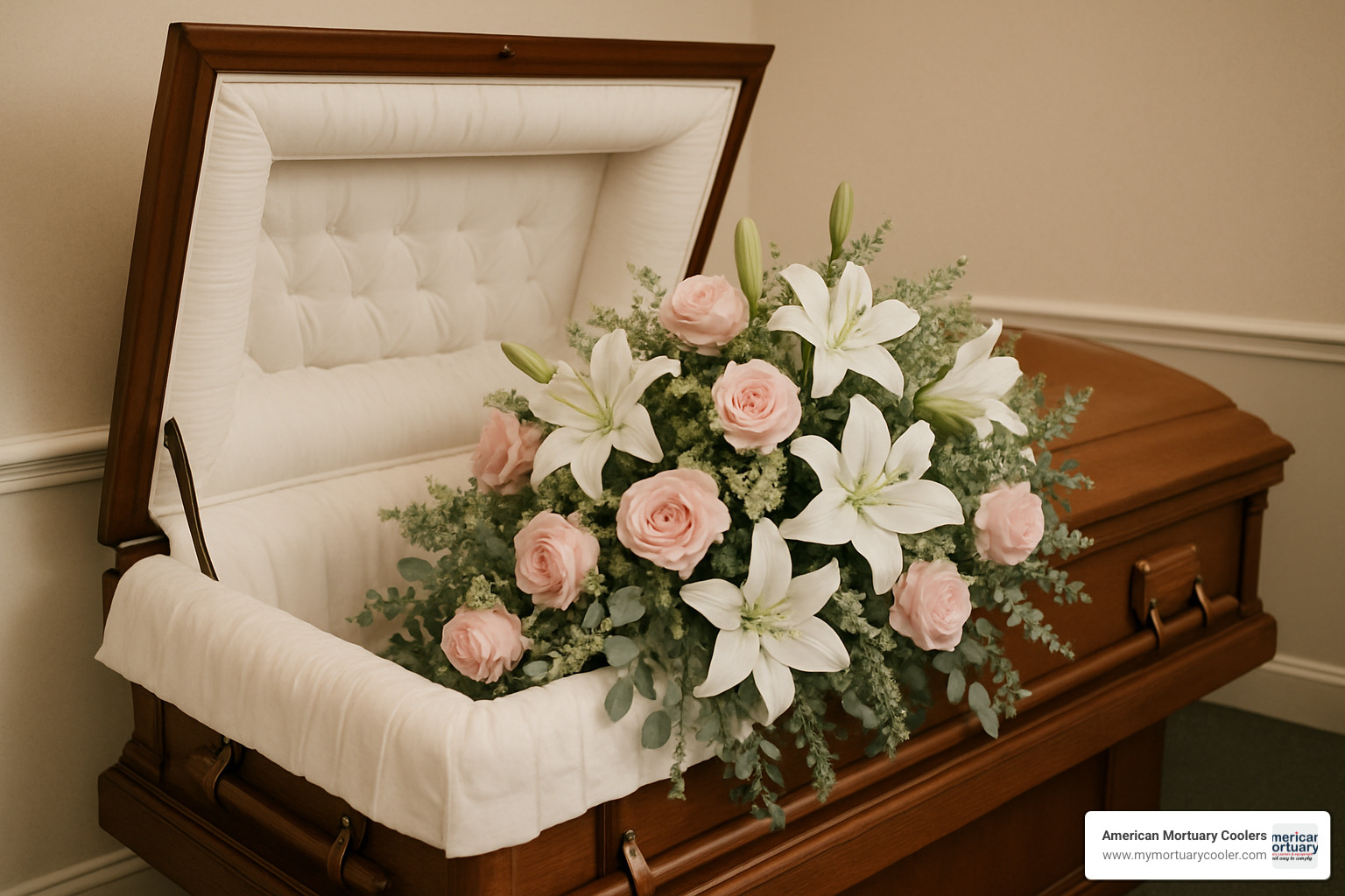 delicate floral spray insert with pink roses and white lilies arranged inside casket - casket inserts