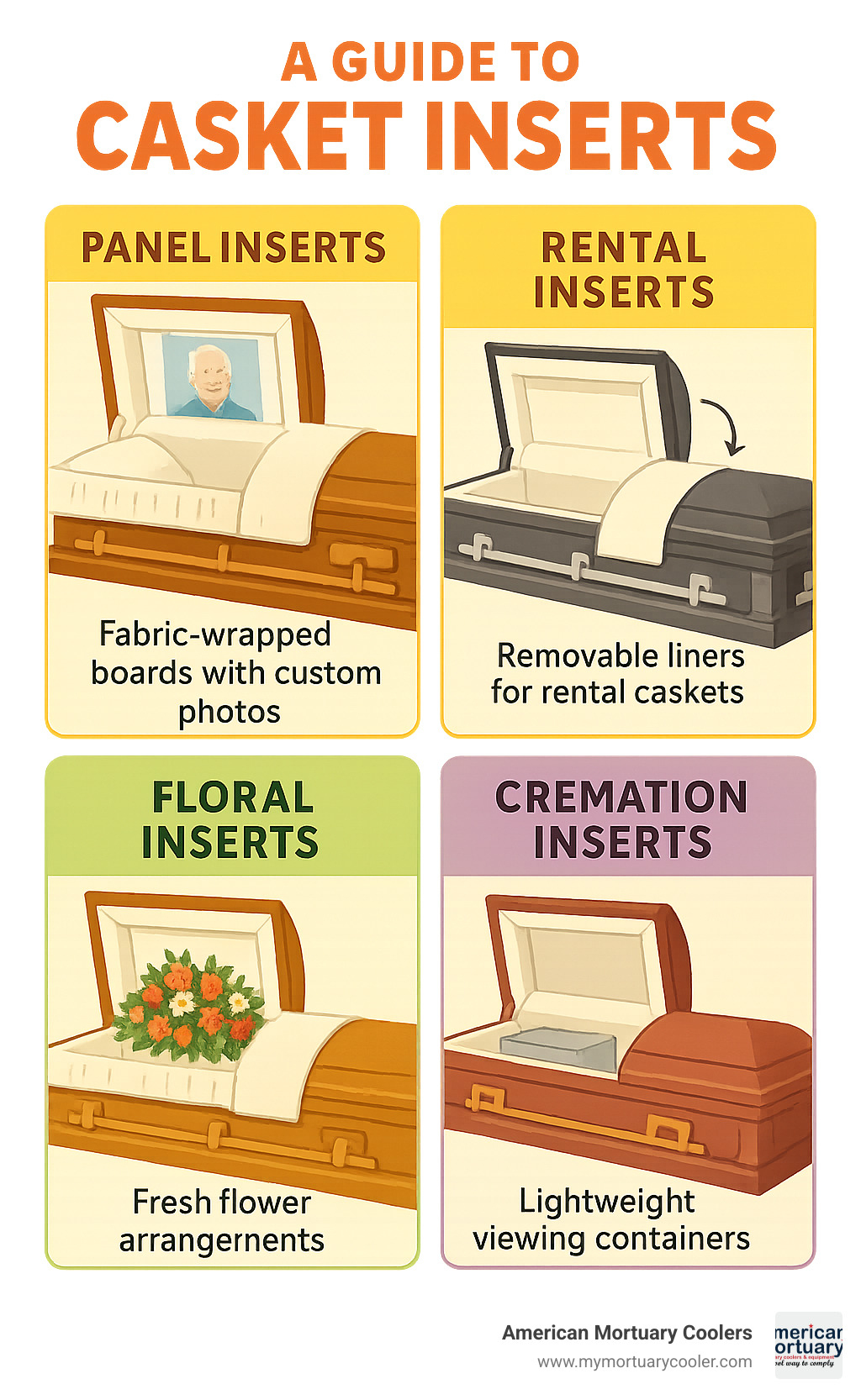 Detailed breakdown of casket insert types showing panel inserts with fabric-wrapped boards and custom photos, rental inserts with removable liners, floral inserts with fresh arrangements, and cremation inserts with lightweight viewing containers, including placement locations within different casket styles - casket inserts infographic 