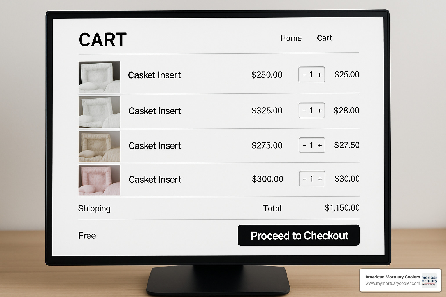 online shopping cart showing casket insert selection with pricing and shipping options - casket inserts