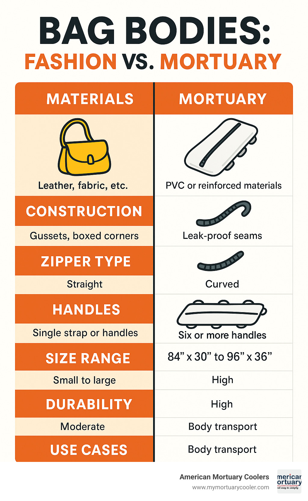 Detailed side-by-side comparison table showing fashion bag bodies versus mortuary bag bodies, highlighting materials, construction methods, zipper types, handle configurations, size ranges, durability requirements, and intended use cases - bag body infographic 