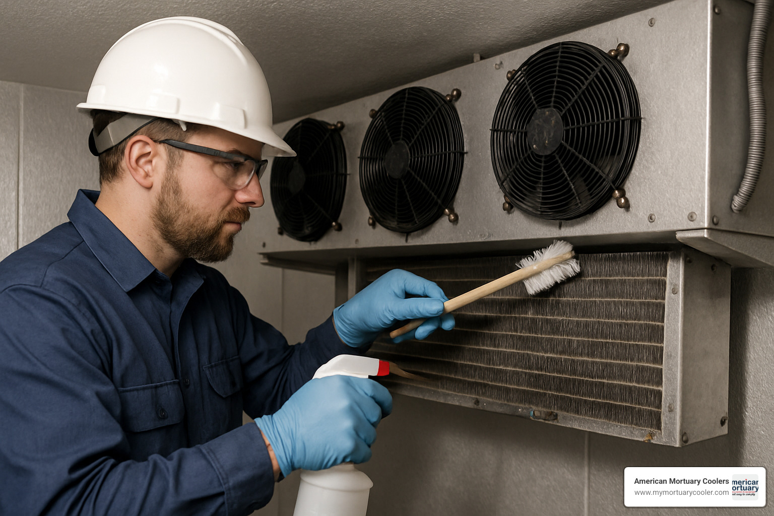 Technician in protective gear cleaning walk-in freezer evaporator coils with specialized brush and cleaning solution - walk in freezer repair