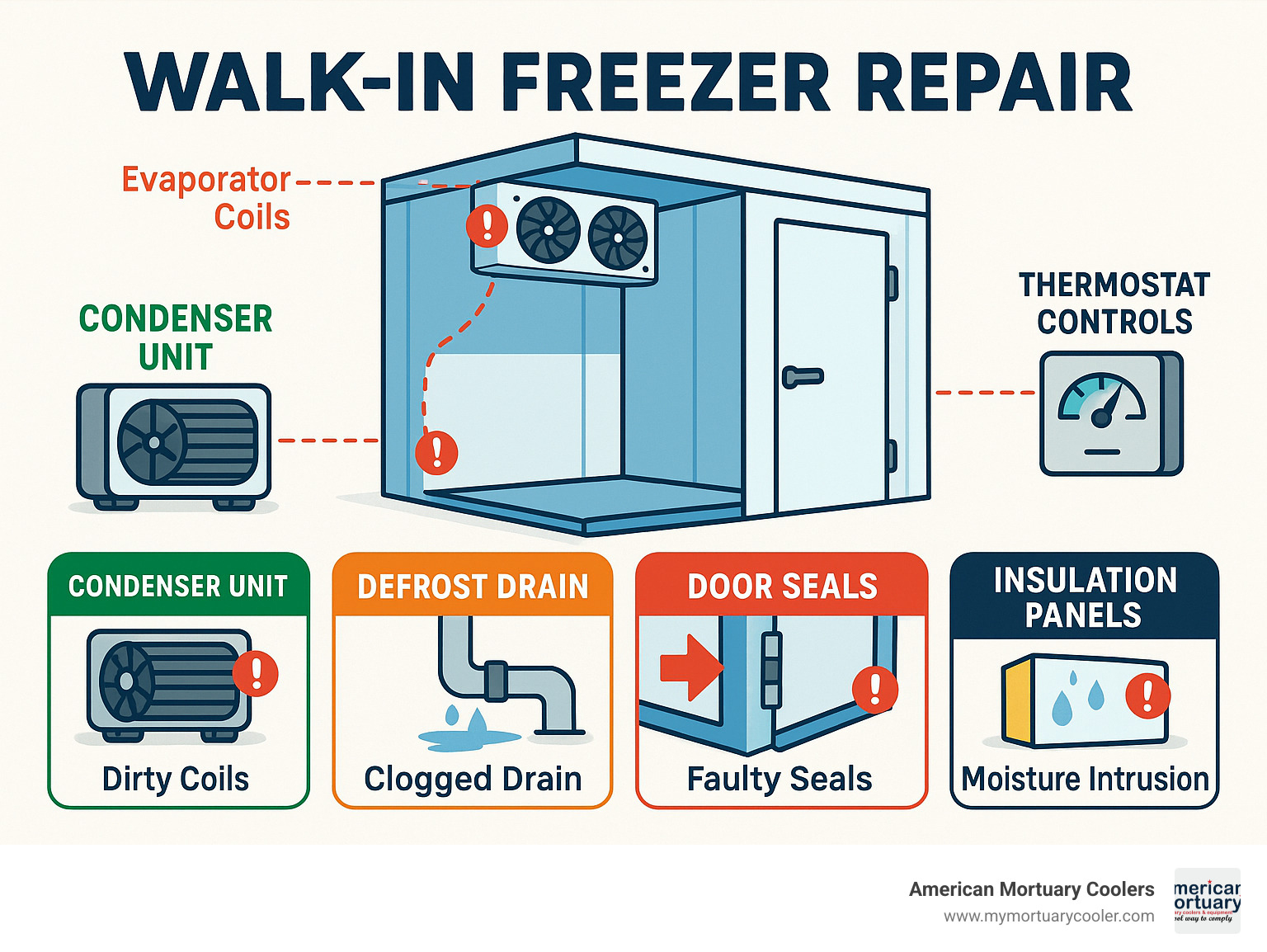 Comprehensive infographic showing walk-in freezer components including evaporator coils, condenser unit, defrost drain, door seals, insulation panels, and thermostat controls with common failure points highlighted - walk in freezer repair infographic 