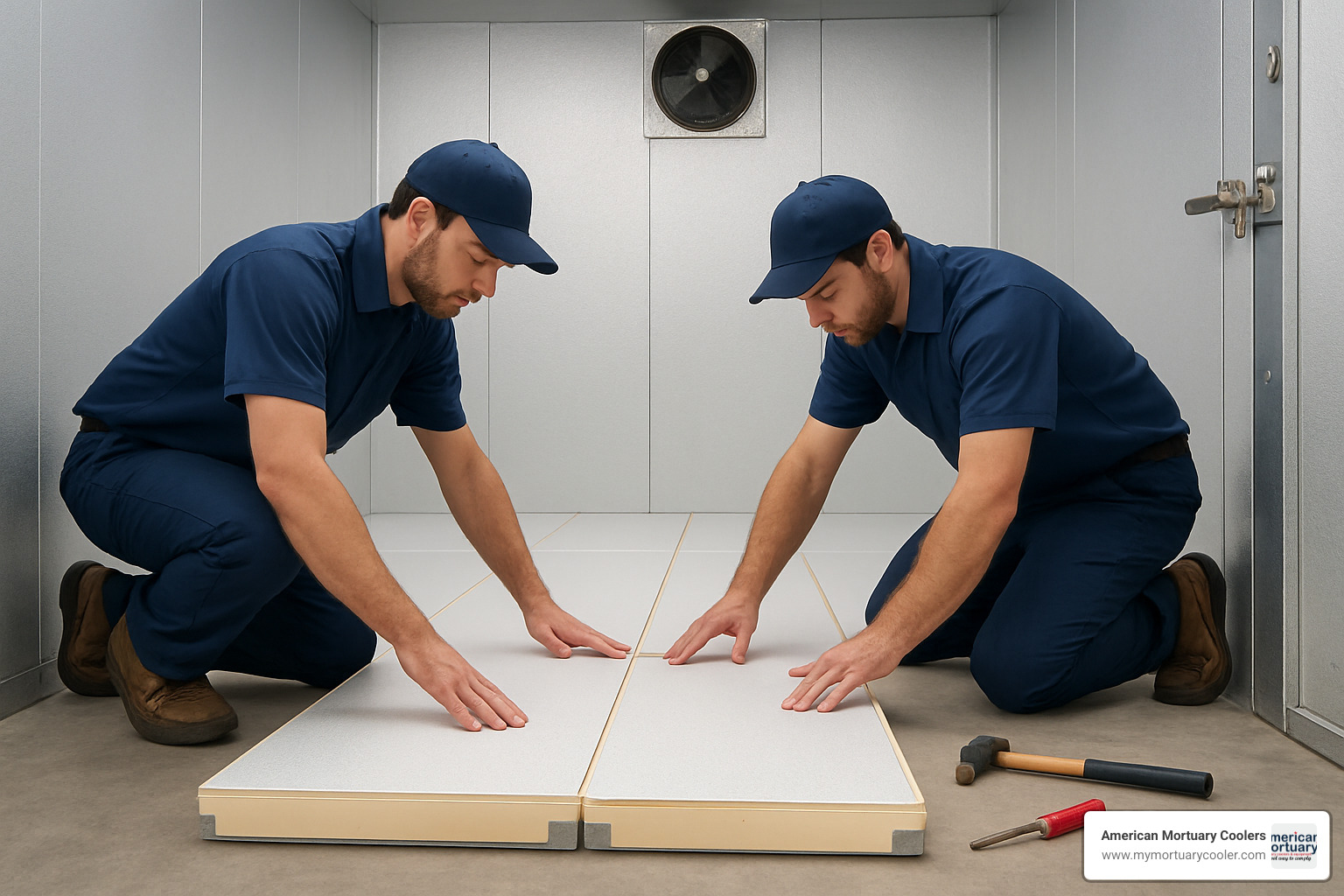 Professional installers carefully positioning insulated floor panels with proper alignment and sealing - walk in freezer floor