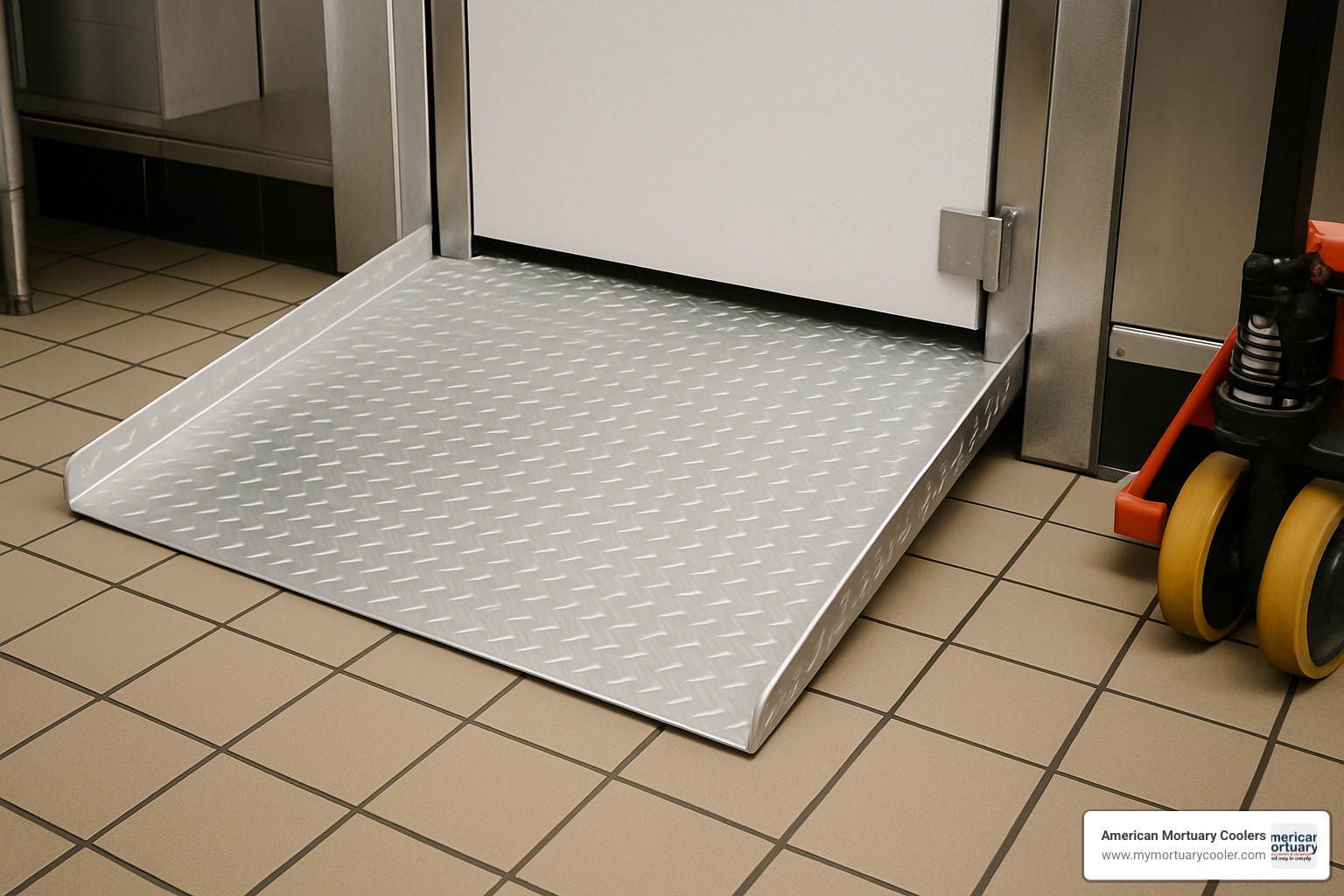 Diamond-tread aluminum access ramp with proper slope and edge protection - walk in freezer floor