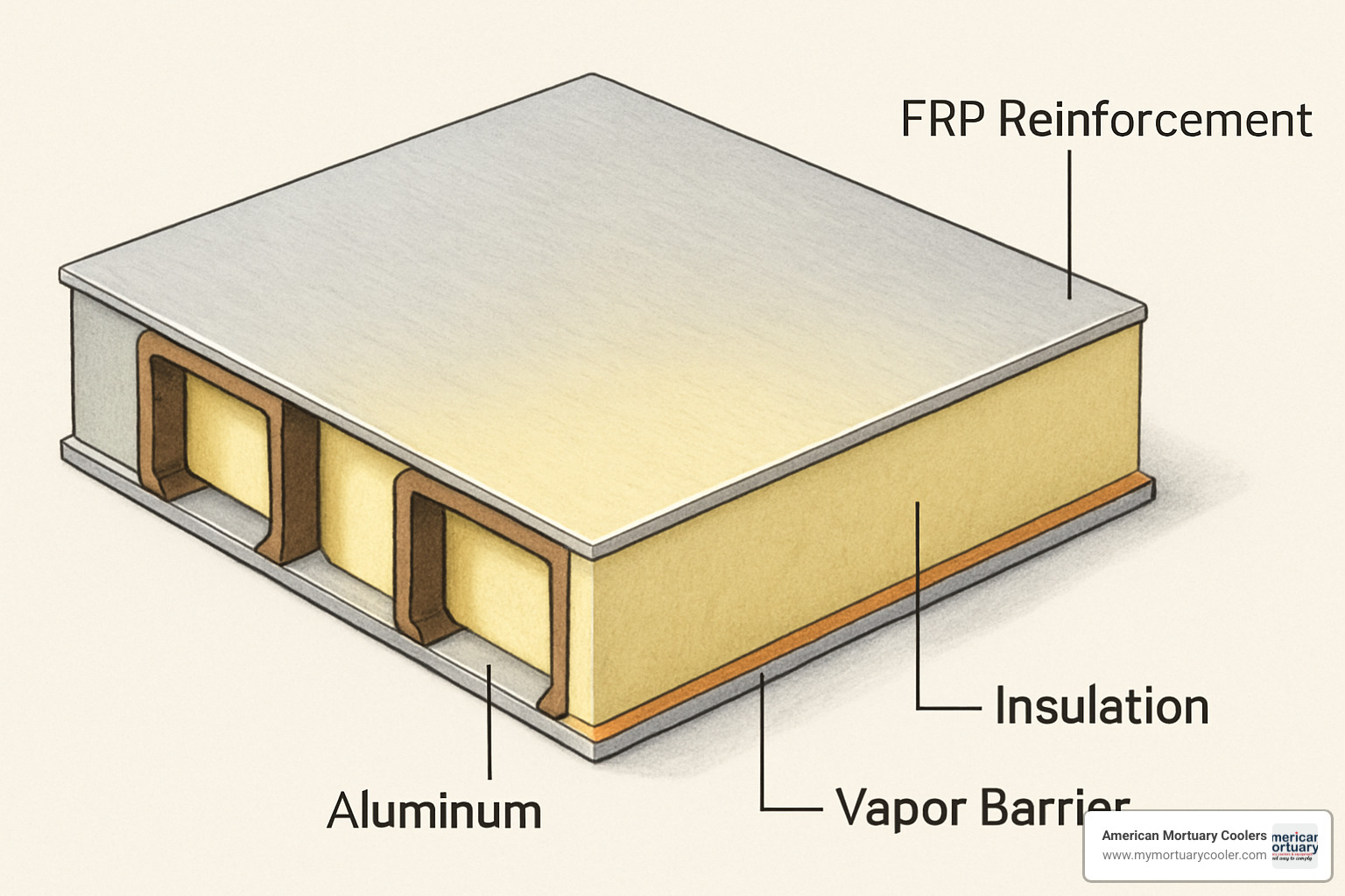 Cross-sectioned reinforced panel showing internal FRP channels and insulation layers - walk in freezer floor
