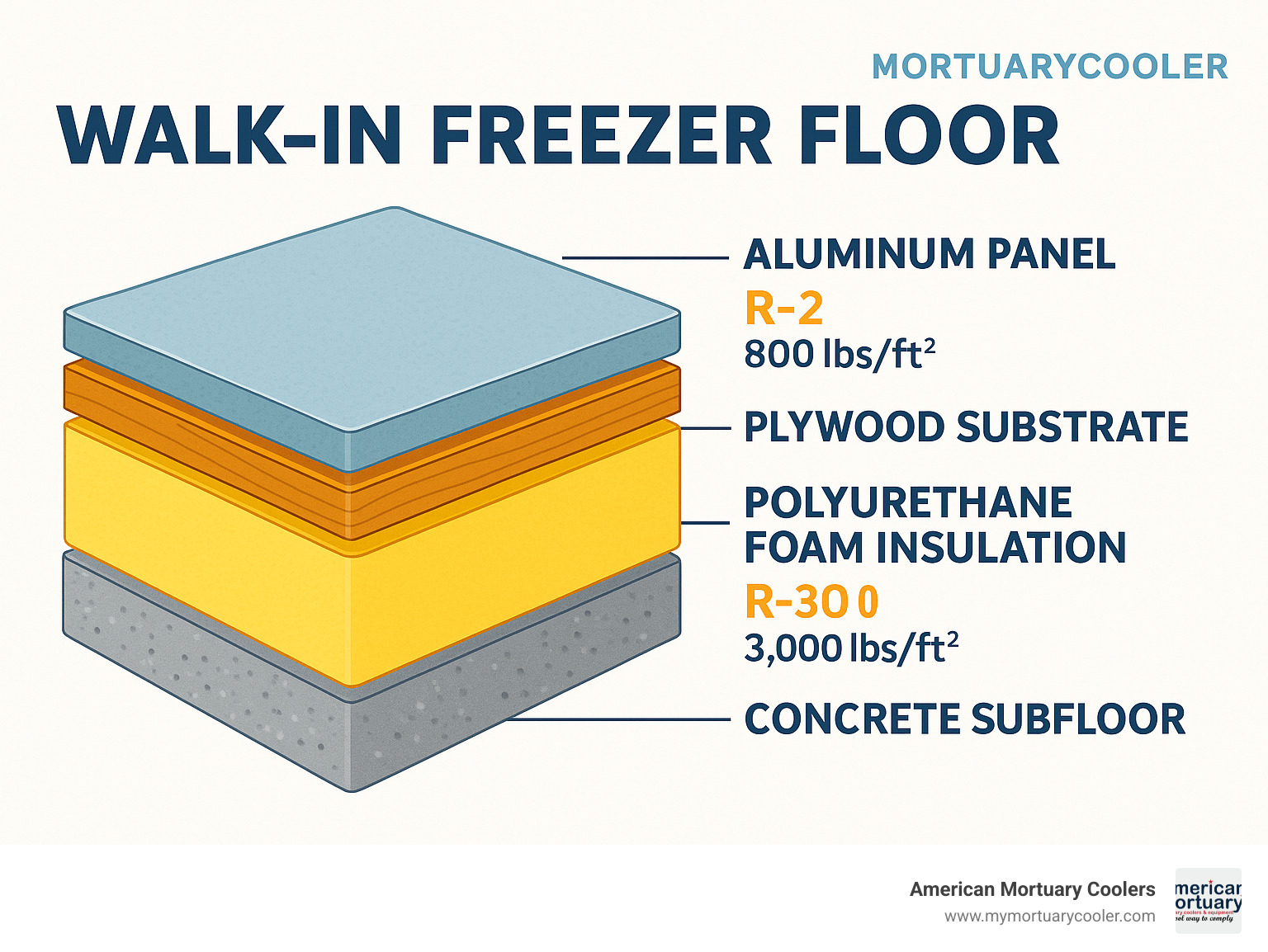 Detailed cross-section infographic showing walk-in freezer floor construction layers from bottom to top: concrete subfloor, polyurethane foam insulation, plywood substrate, and aluminum panel finish, with R-values and load capacities labeled for each layer - walk in freezer floor infographic 