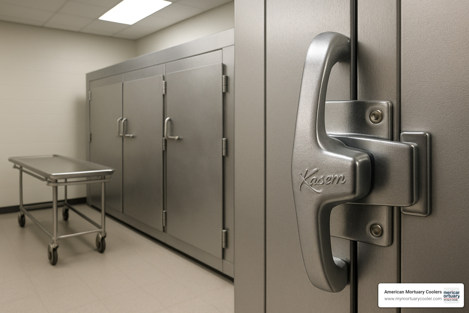 Professional mortuary cooler with Kason door handle installation - Kason door handle