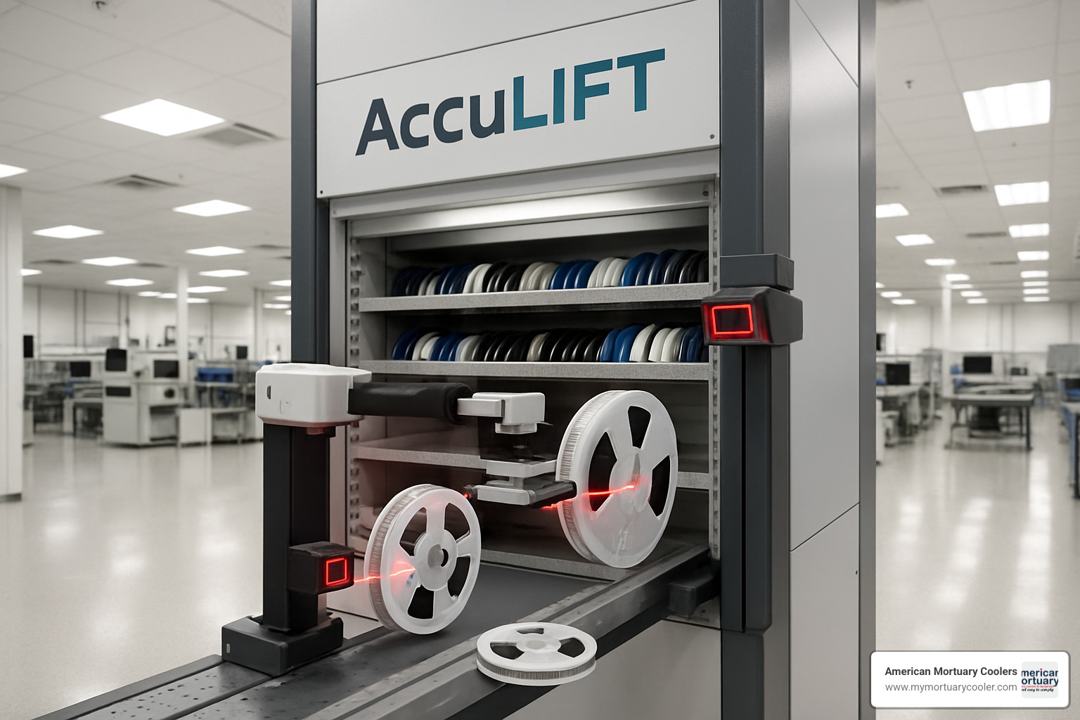 AccuLiFT vertical lift storage tower showing automated reel handling and integrated barcode scanning capabilities - accuid