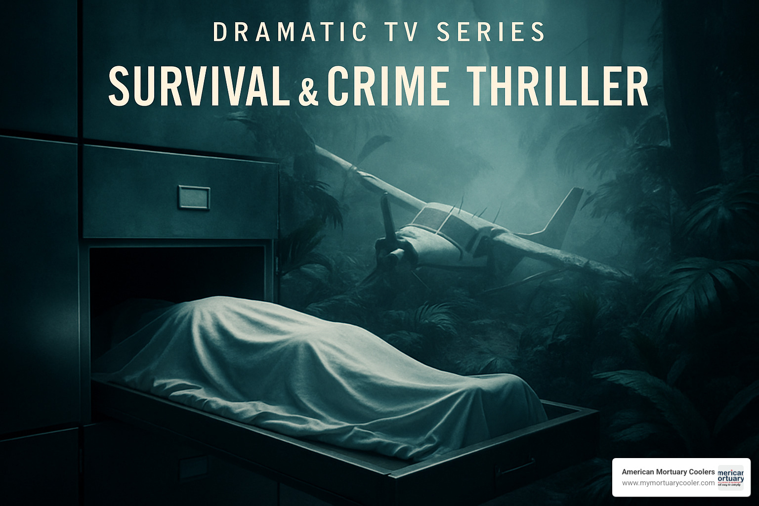 series poster showing jungle crash site with morgue imagery - nine-bodies-in-a-mexican-morgue