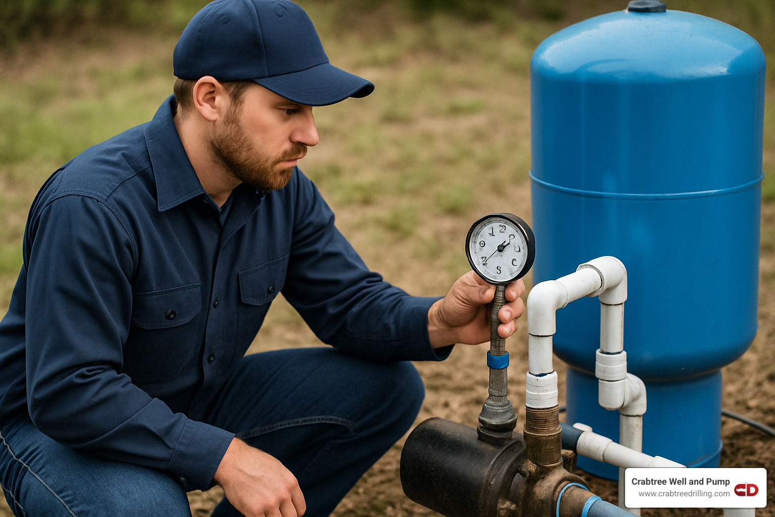 Technician testing water pressure gauge during post-installation system verification - well pump installation Technician testing water pressure gauge during post-installation system verification - well pump installation