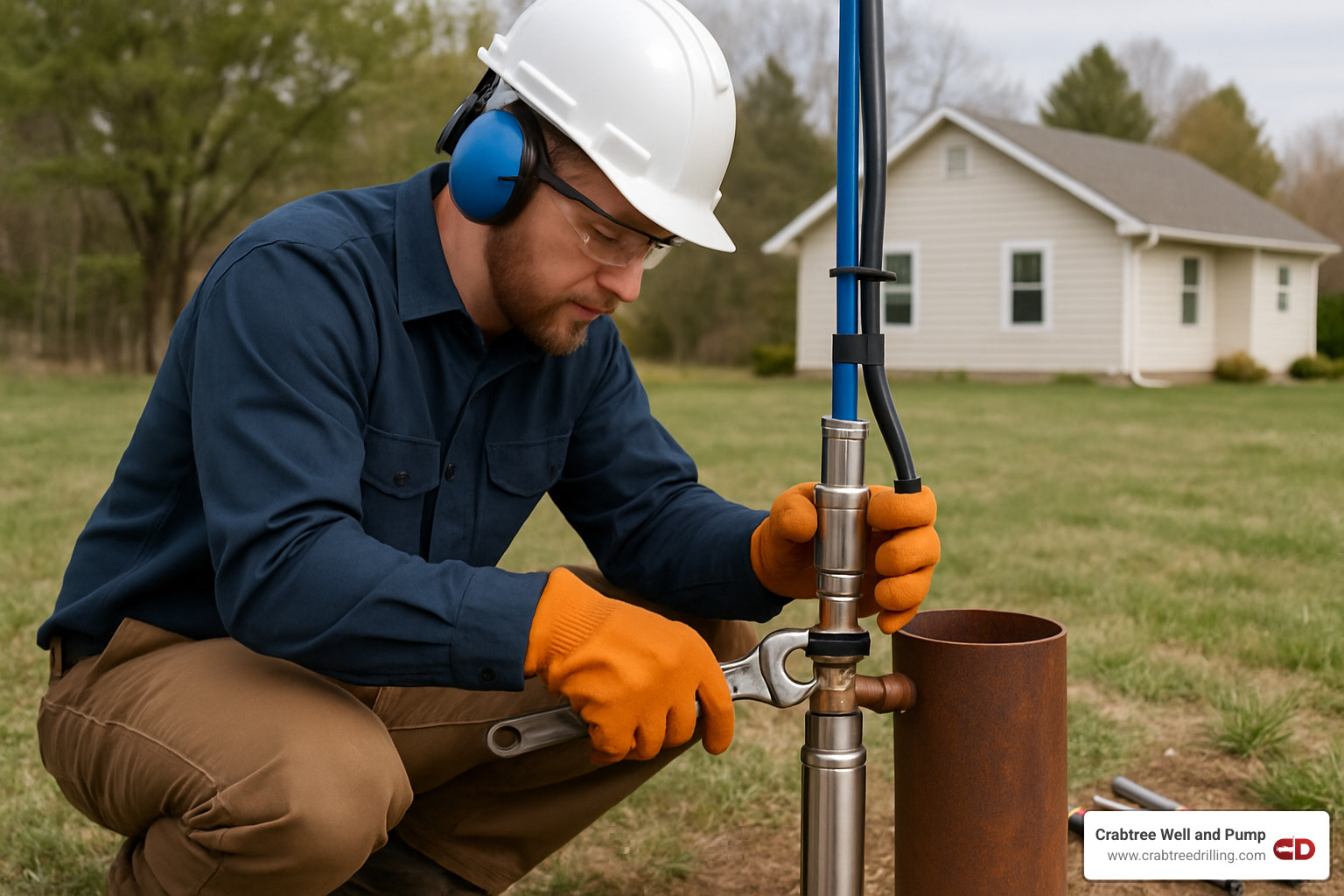 Professional technician engaging pitless adapter during well pump installation - well pump installation Professional technician engaging pitless adapter during well pump installation - well pump installation
