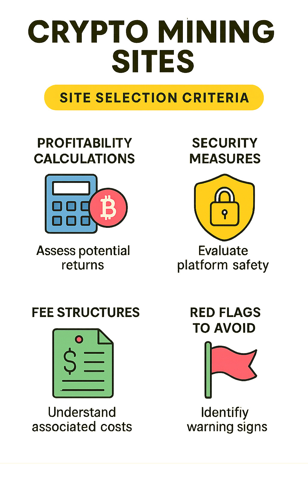 Comprehensive breakdown of crypto mining site selection criteria including profitability calculations, security measures, fee structures, and red flags to avoid when choosing platforms - crypto mining sites infographic