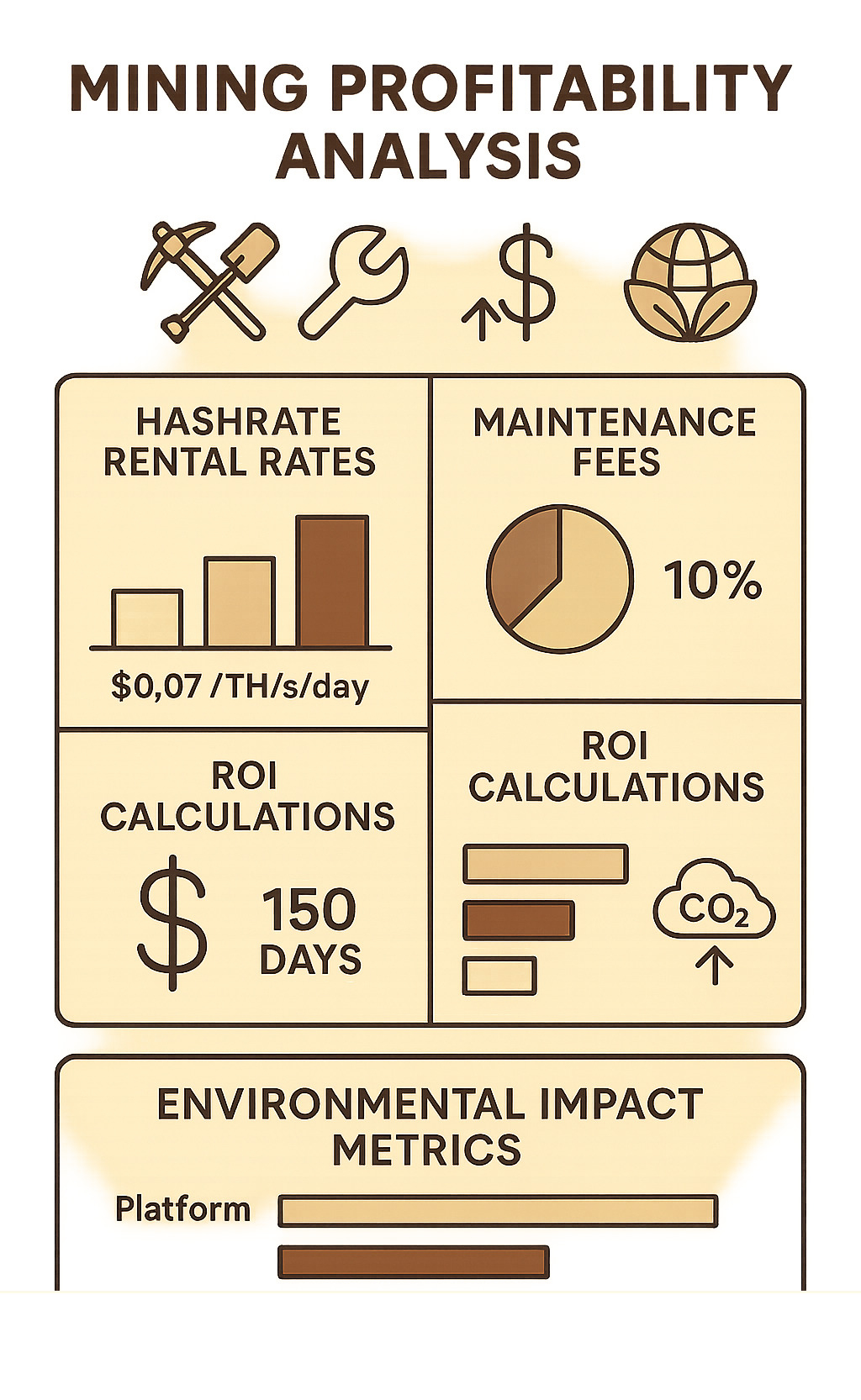 Mining profitability analysis showing hashrate rental rates, maintenance fees, ROI calculations, and environmental impact metrics across different platforms - crypto mining sites infographic