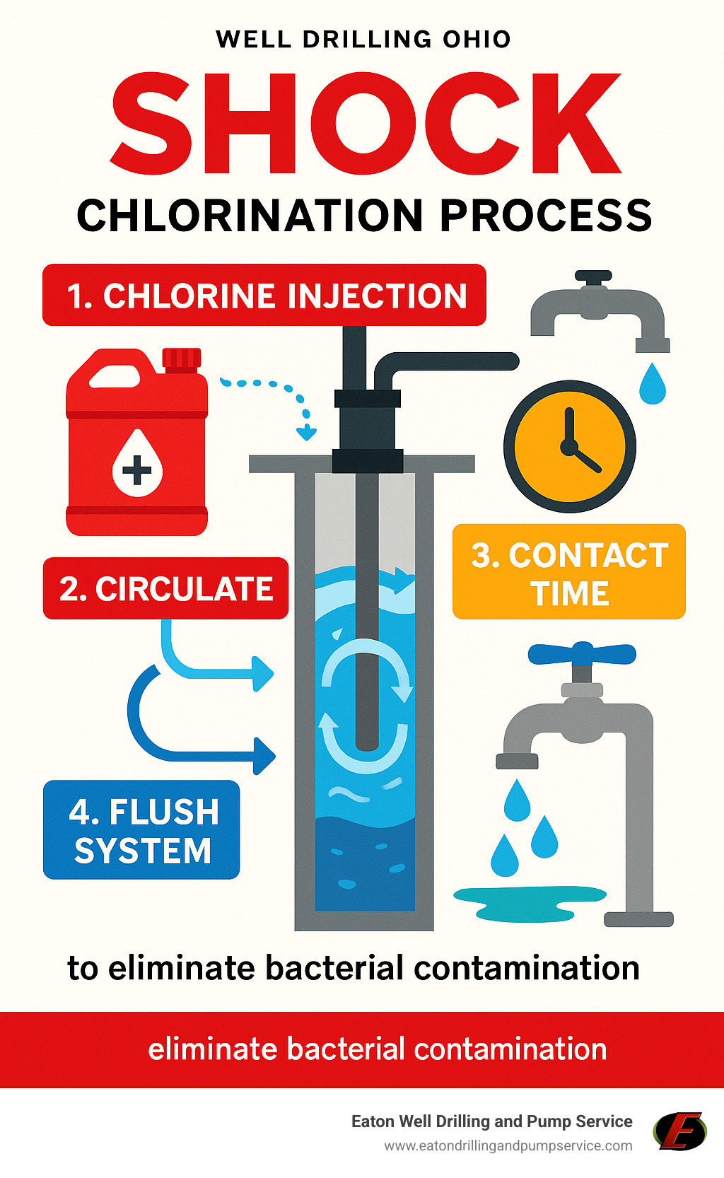 Detailed infographic showing the shock chlorination process including initial chlorine injection, circulation procedures, contact time requirements, and final flushing steps to eliminate bacterial contamination - well drilling ohio infographic 