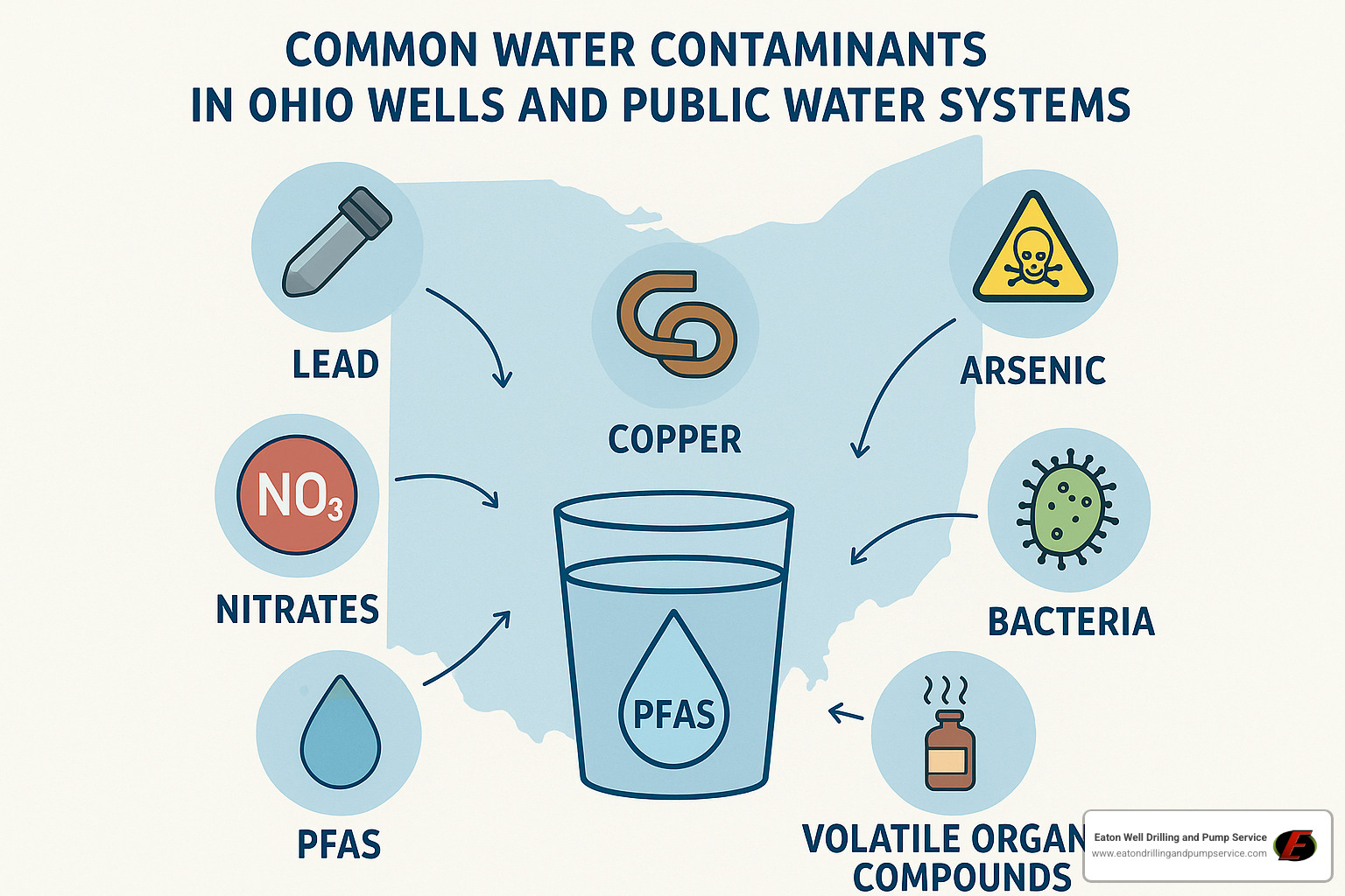Water contaminants found in Ohio wells and public systems including lead, copper, arsenic, nitrates, PFAS, bacteria, and volatile organic compounds - ohio water quality testing