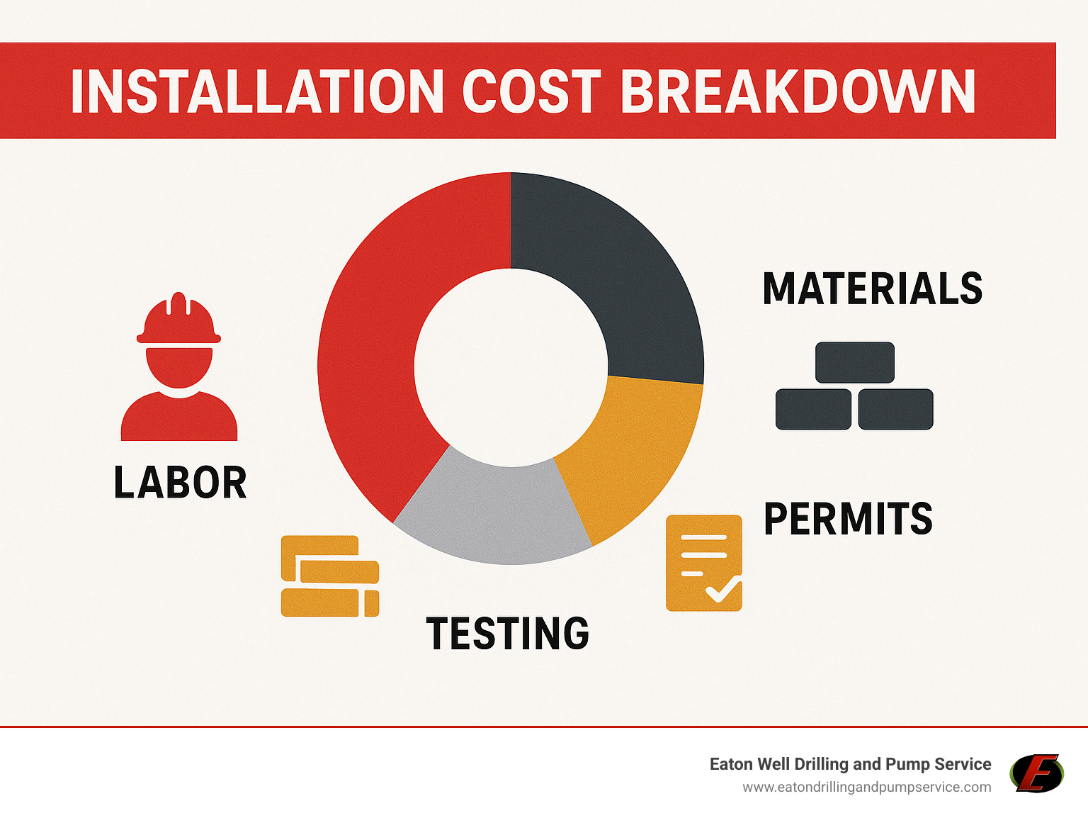 Infographic showing installation cost breakdown with labor, materials, permits, and testing phases - submersible pump installers near me infographic 
