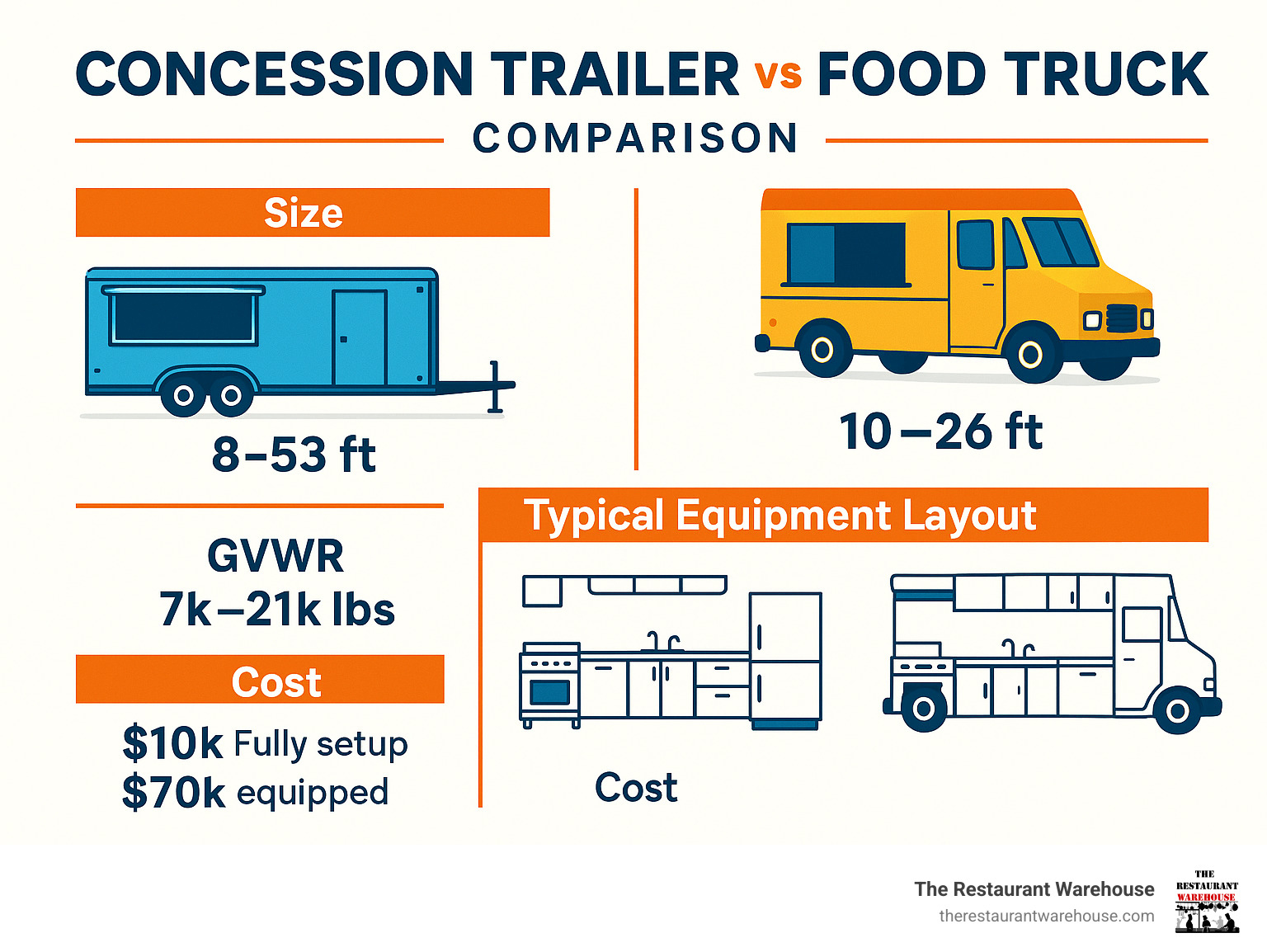 Detailed infographic showing concession trailer vs food truck comparison including size ranges 8-53 ft for trailers vs 10-26 ft for trucks, GVWR specifications from 7k-21k lbs, typical equipment layouts, and cost breakdowns from $10k basic setups to $70k fully equipped units - concession trailer equipment for sale infographic