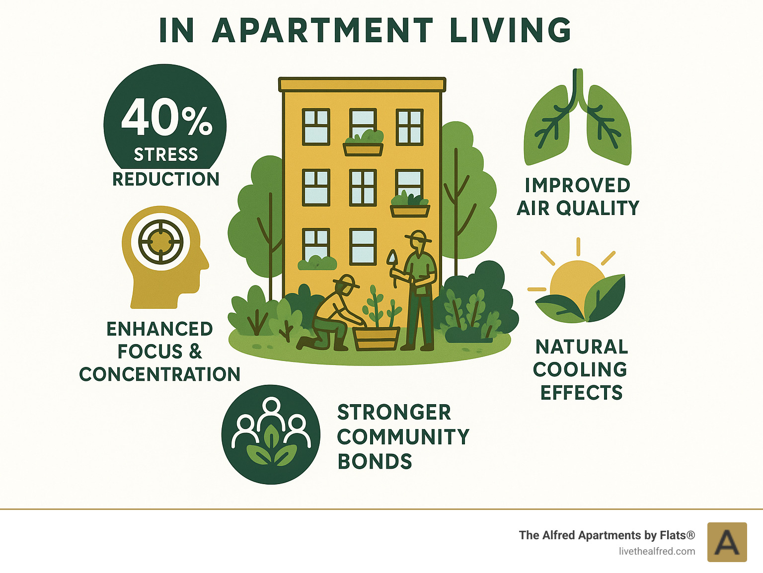 Infographic showing mental and physical health benefits of daily nature exposure in apartment living including 40% stress reduction, improved air quality, improved focus and concentration, natural cooling effects, and stronger community bonds through shared gardening spaces - apartments with green space infographic 