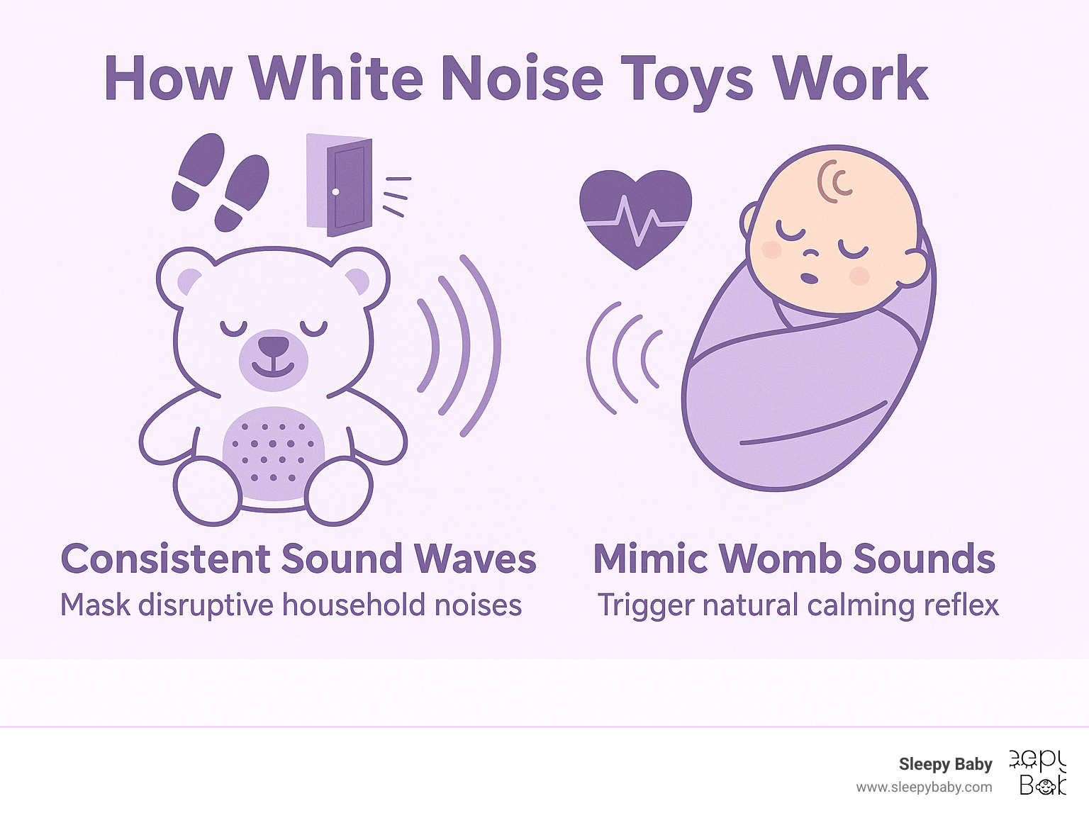 Infographic showing how white noise toys work: consistent sound waves mask disruptive household noises like footsteps, door slams, and conversations, while mimicking womb sounds with heartbeat rhythms and whooshing sounds that trigger baby's natural calming reflex and promote longer sleep cycles - baby white noise toy infographic 