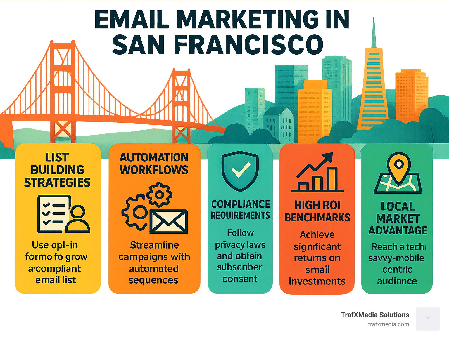 Comprehensive infographic showing email marketing opportunities in San Francisco including list building strategies, automation workflows, compliance requirements, ROI benchmarks, and local market advantages for Bay Area businesses - email marketing San Francisco infographic 
