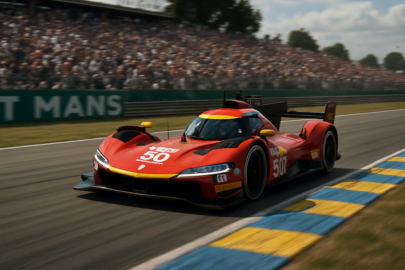 Ferrari 499P racing at Le Mans with crowd in background - latest sports car news