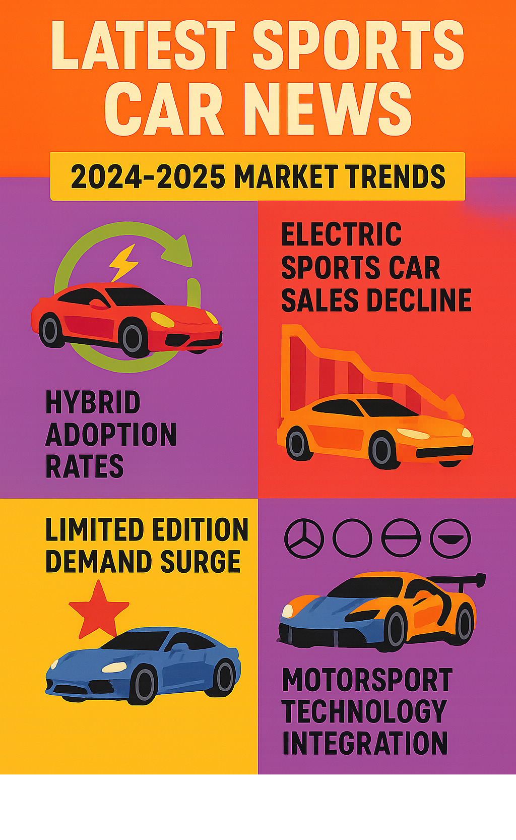 Infographic showing 2024-2025 sports car market trends including hybrid adoption rates, electric sports car sales decline, limited edition demand surge, and motorsport technology integration across major manufacturers - latest sports car news infographic 