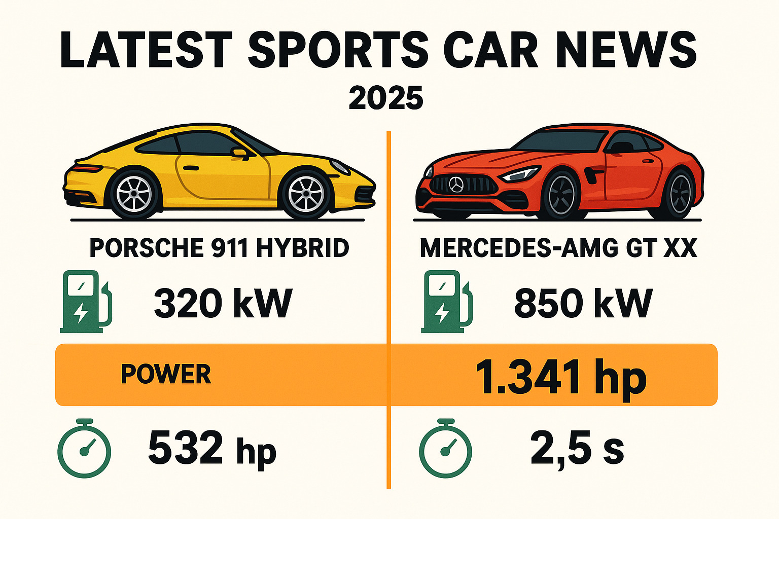 Comparison table showing Porsche 911 Hybrid vs Mercedes-AMG GT XX charging capabilities, power output, and acceleration times - latest sports car news infographic 