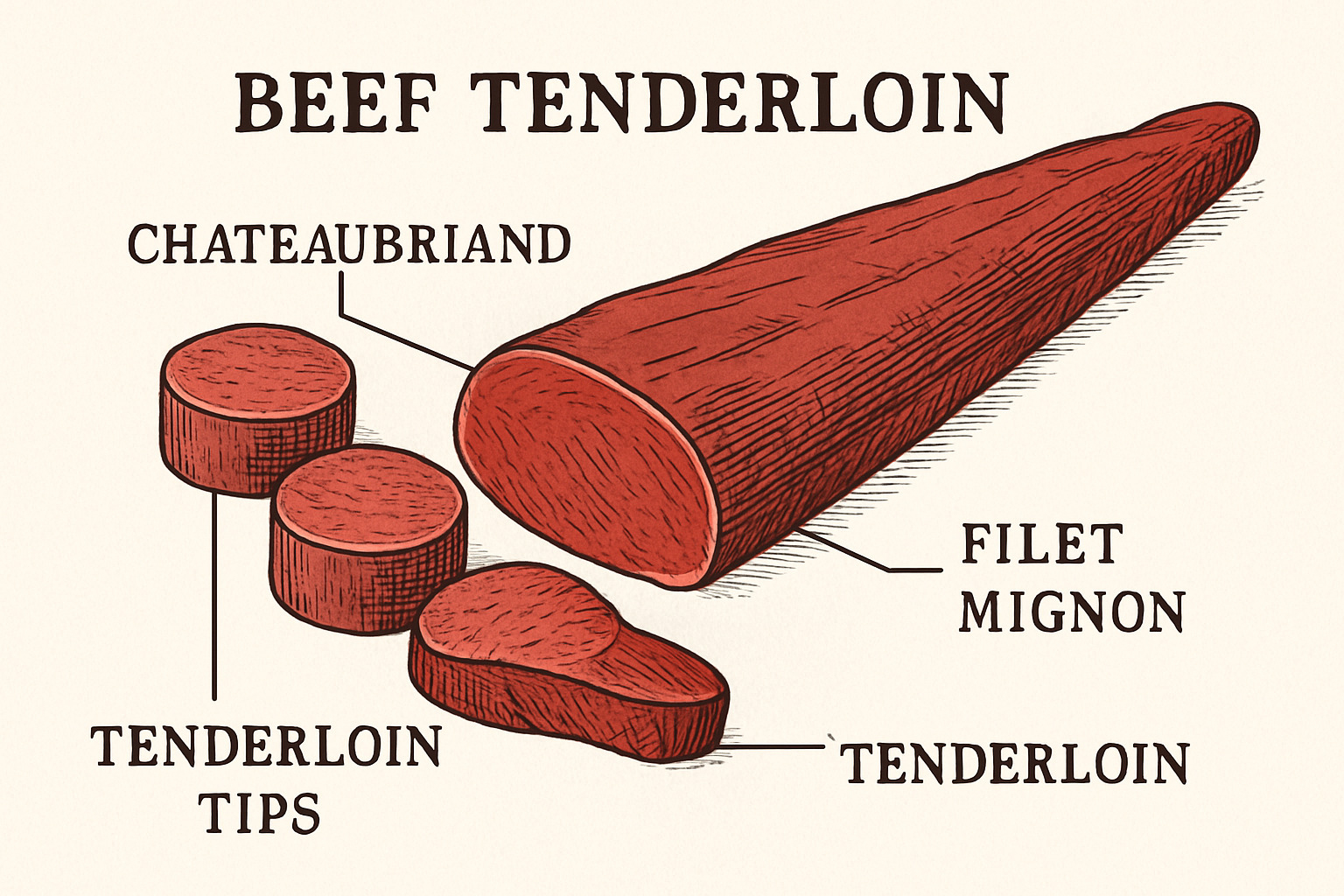 beef tenderloin diagram showing different cuts - filet mignon