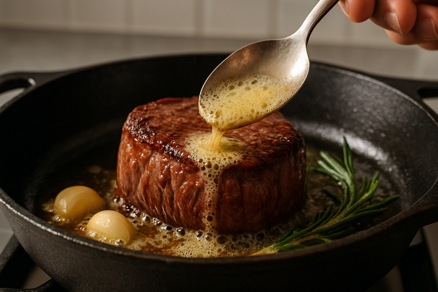 butter-basting technique demonstration - filet mignon
