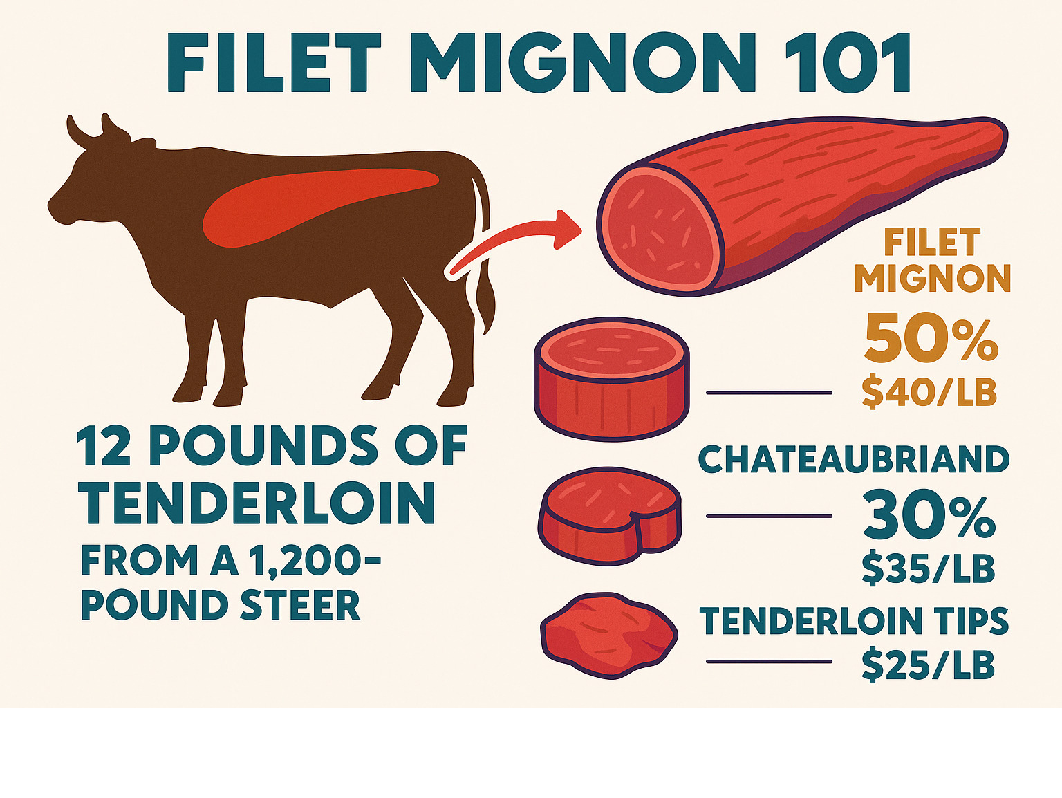 Detailed infographic showing how 12 pounds of tenderloin is extracted from a 1,200-pound steer, with breakdown of filet mignon portions, chateaubriand, and tenderloin tips, including yield percentages and typical retail prices - filet mignon infographic 